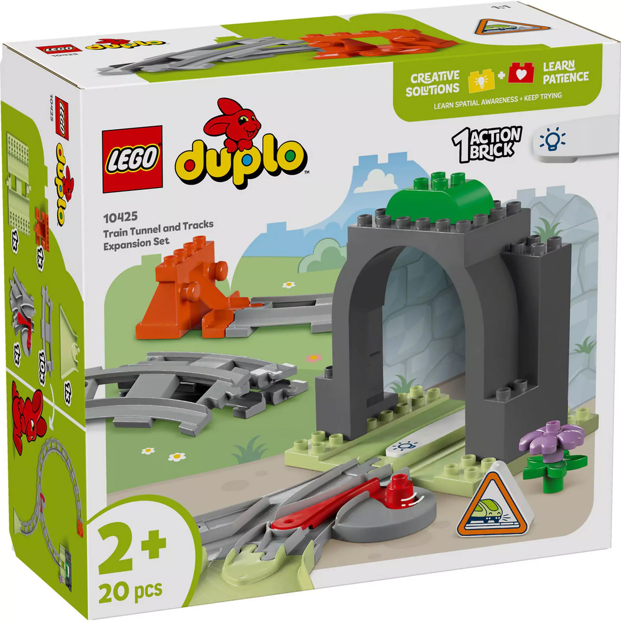 LEGO DUPLO Kiegészítő készlet - Alagút és Vasúti Sínek (10425), amely egy alagutat, 10 sínrészt és interaktív akciótégla elemet tartalmaz, tökéletes a vonatos játékok bővítéséhez.