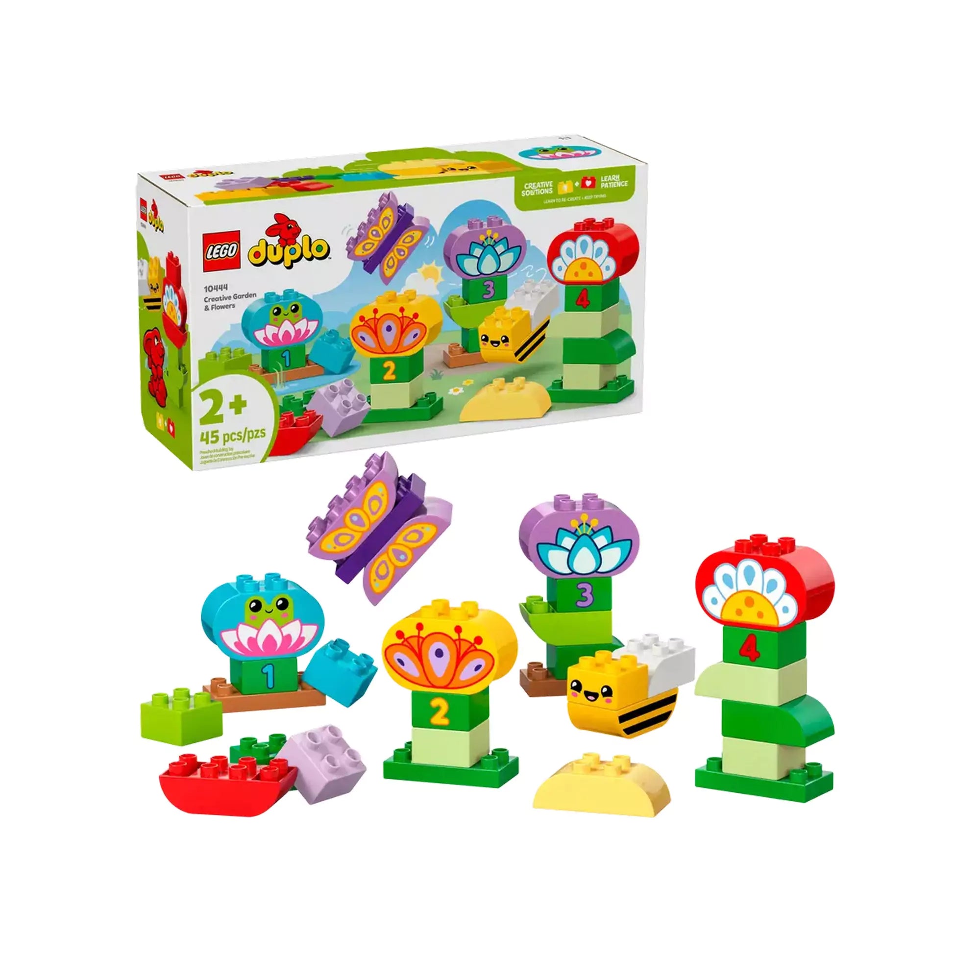 LEGO DUPLO Kreatív kert és virágok (10444) építőkészlet csomagolása, amely 2 éves és annál idősebb gyermekek számára készült, színes virágokat és állatfigurákat tartalmaz.