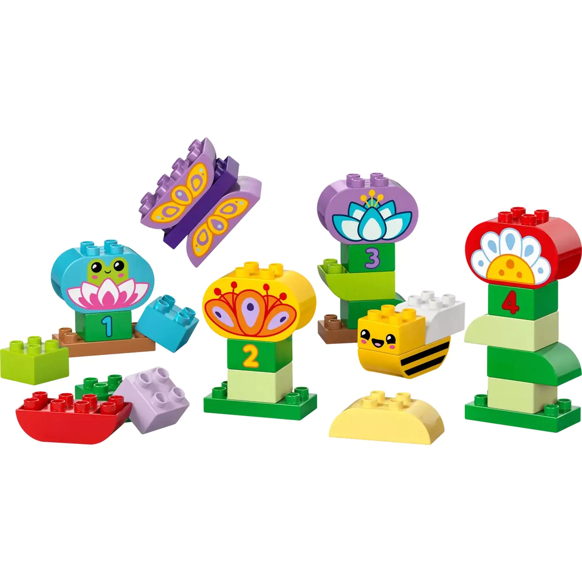 A LEGO DUPLO Kreatív kert és virágok (10444) építőelemei, amelyek színes virágokat és aranyos állatfigurákat ábrázolnak, tökéletesek a kicsik kreativitásának fejlesztésére