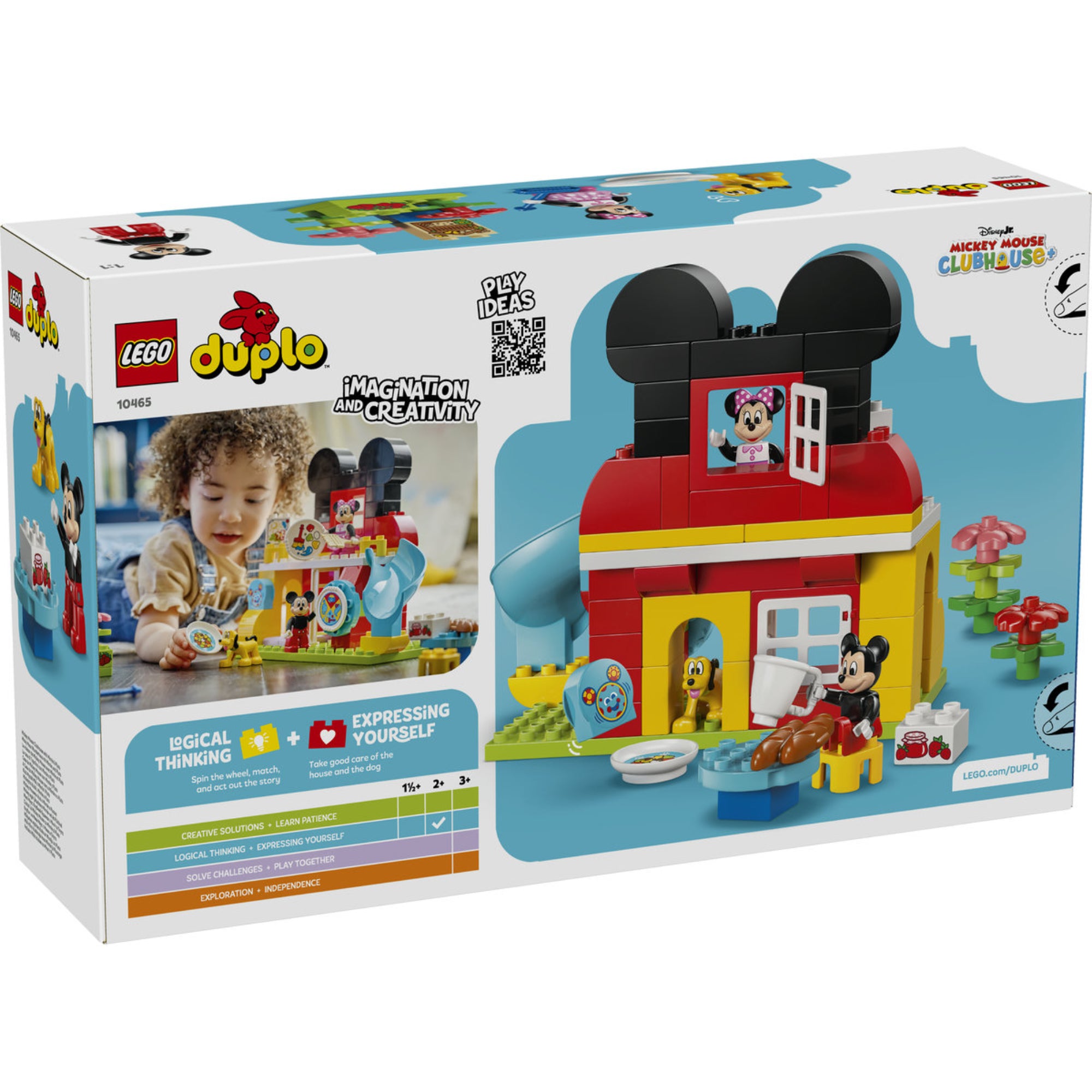 LEGO DUPLO 10465 Mickey Mouse Clubhouse with Minnie & Pluto doboz hátoldala, játékjelenettel és a klubház funkcióinak bemutatásával.