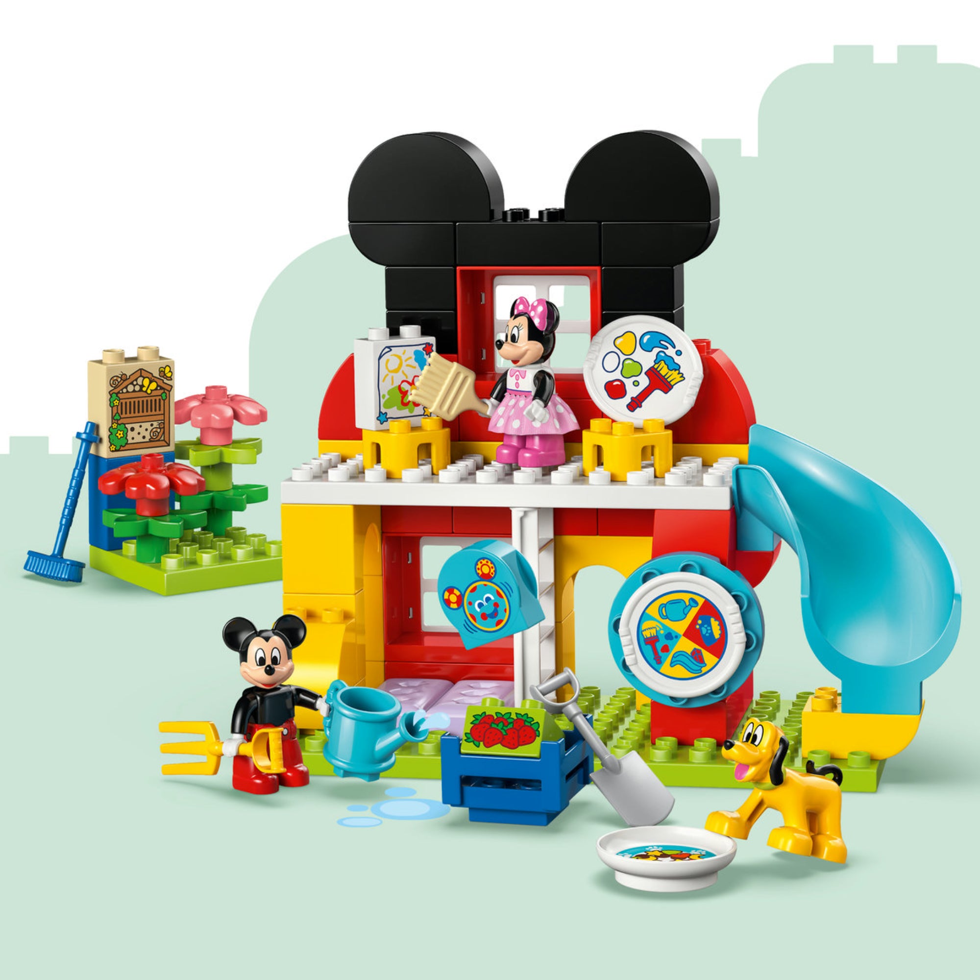 LEGO DUPLO 10465 Mickey Mouse Clubhouse with Minnie & Pluto klubház építmény csúszdával, Mickey, Minnie és Pluto figurákkal.