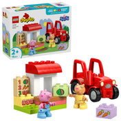 LEGO DUPLO 10468 Tractor and Market készlet doboza és az összeépített piaci stand piros traktorral és Peppa malac figurával.