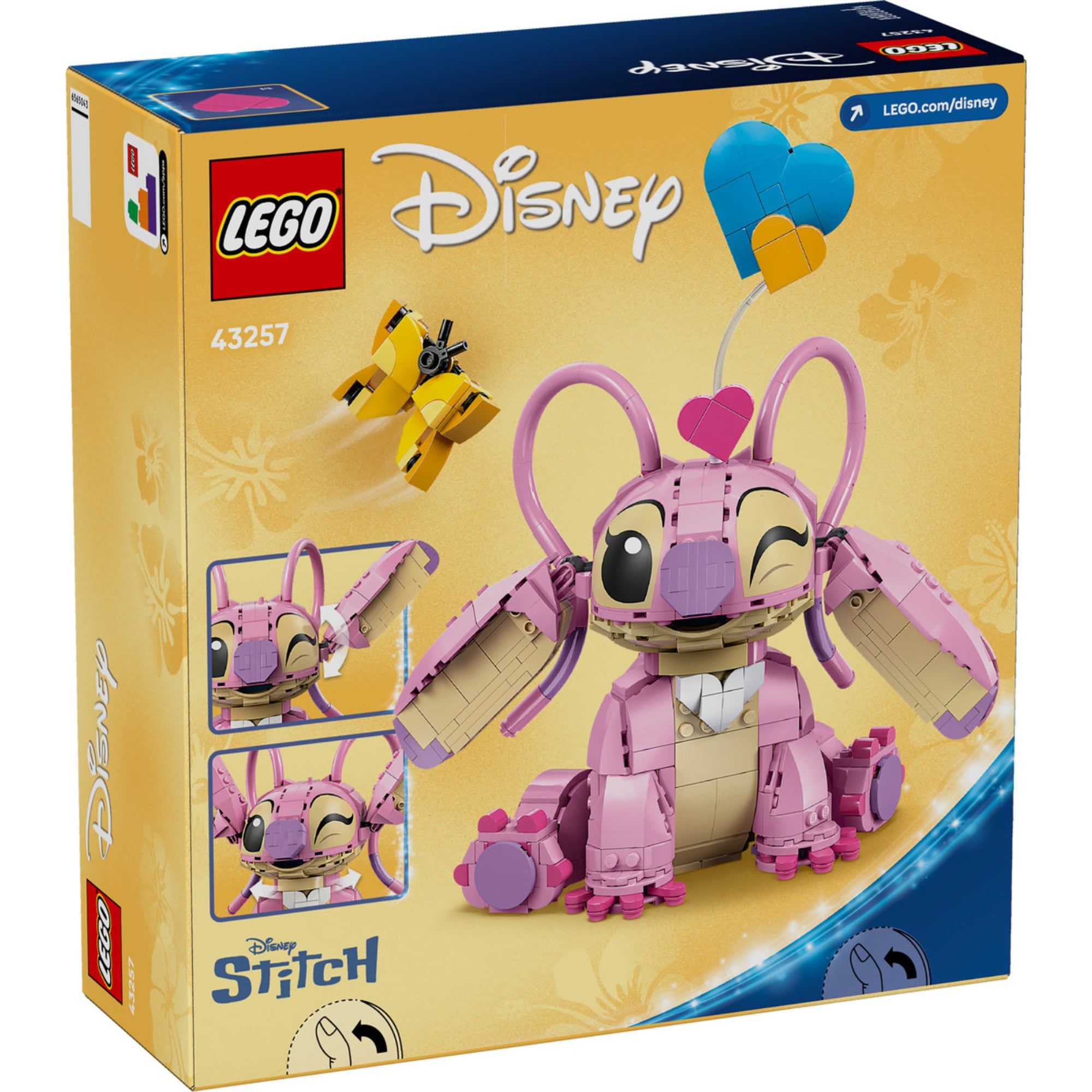 A LEGO Disney 43257 Angel készlet dobozának hátoldala, amely bemutatja a figura mozgatható részeit, a sárga pillangót és a kék-sárga szív alakú lufit, valamint a Stitch logót.