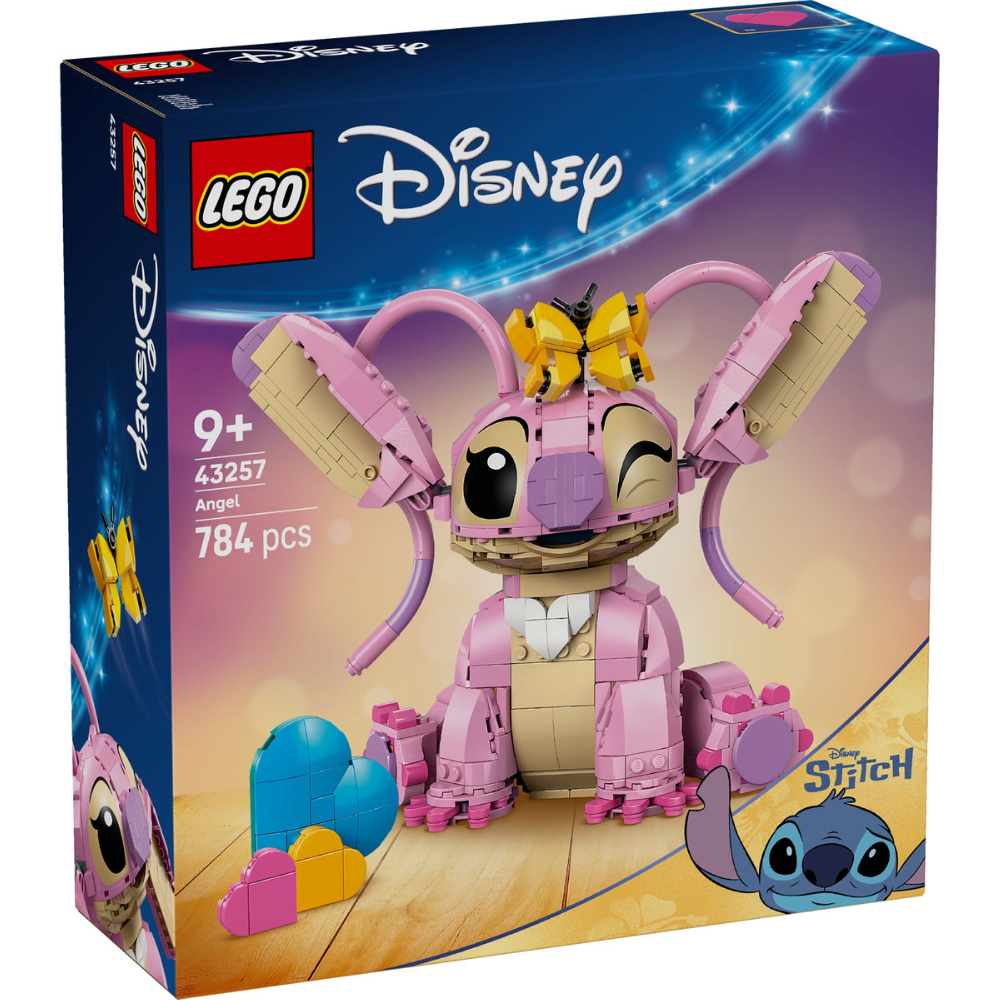 A LEGO Disney 43257 Angel készlet dobozának elölnézete, rajta a 784 darabos, 9 éves kortól ajánlott LEGO Angel figura építőszettel és Stitch karakter grafikájával.
