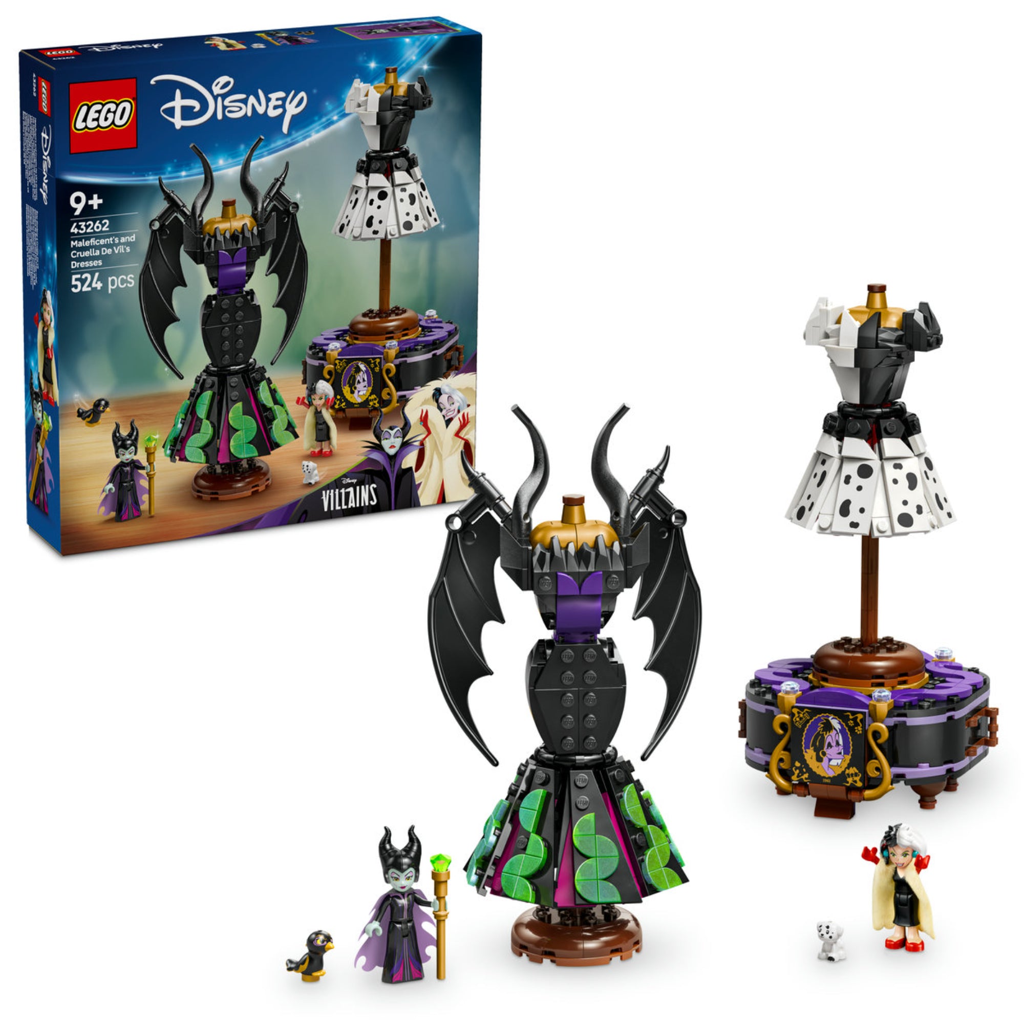 LEGO Disney 43262 - Maleficent és Cruella De Vil ikonikus ruhái építőkészlet. A csomag két részletesen kidolgozott ruhaállvánnyal és minifigurákkal érkezik.