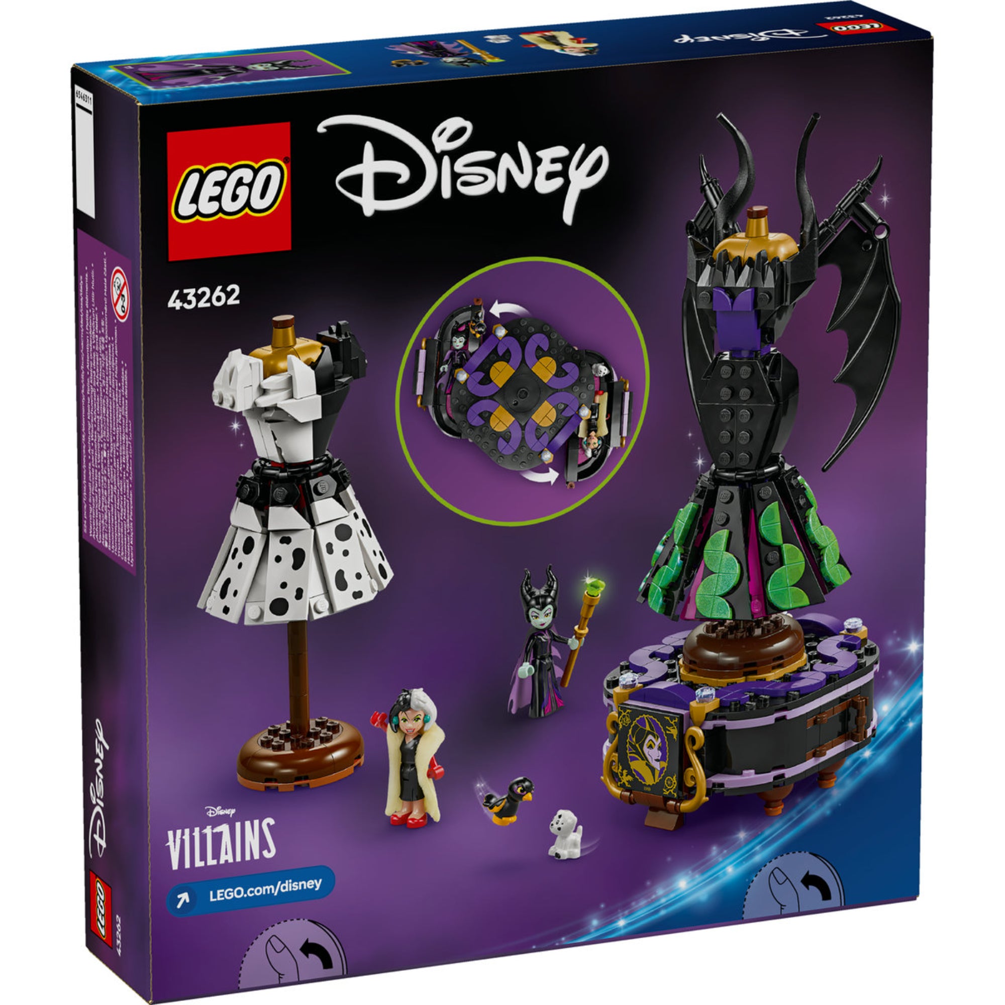 LEGO Disney 43262 - Maleficent és Cruella De Vil ruhái építőkészlet hátoldala. Látható a két ikonikus karakter ruhája, minifigurák és rejtett részletek.