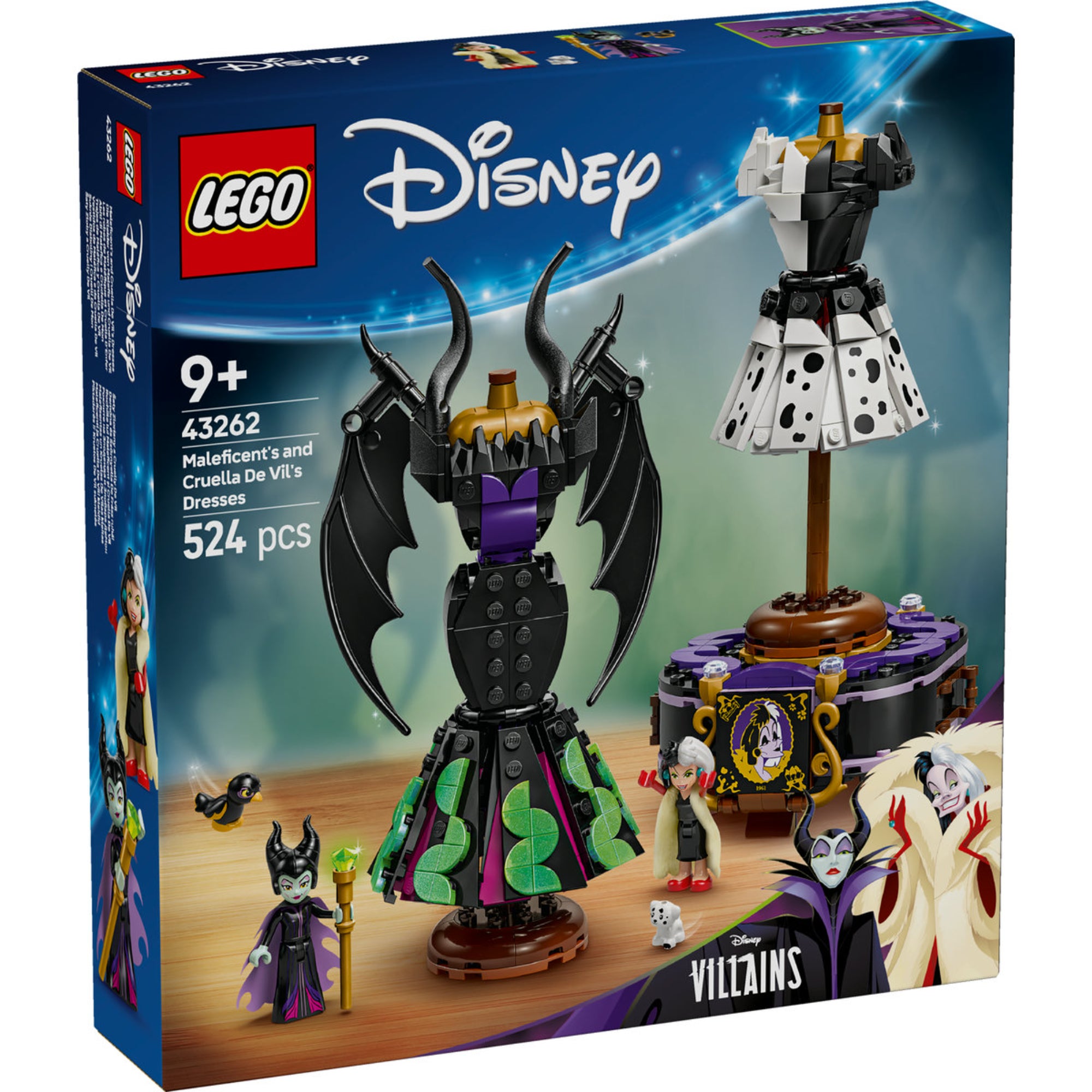 LEGO Disney 43262 - Maleficent és Cruella De Vil ruhái építőkészlet. A dobozon a két ikonikus Disney gonosztevő ruhái és minifigurái láthatók