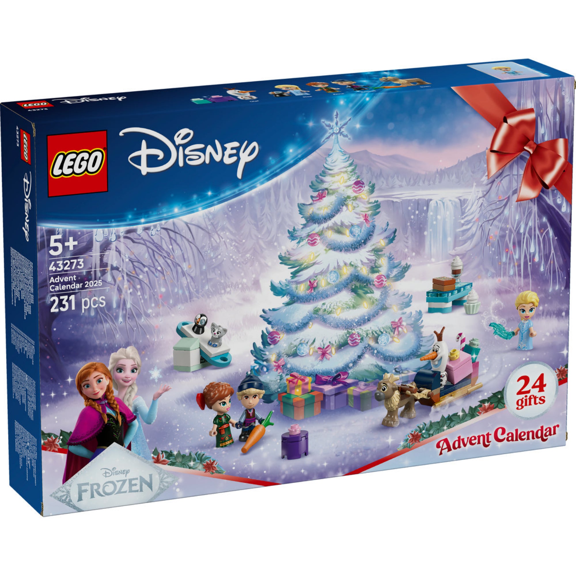 LEGO Disney Frozen adventi naptár 2025 (43273) dobozkép, karácsonyi hangulattal, figurákkal és ajándékokkal a fenyőfa körül. 