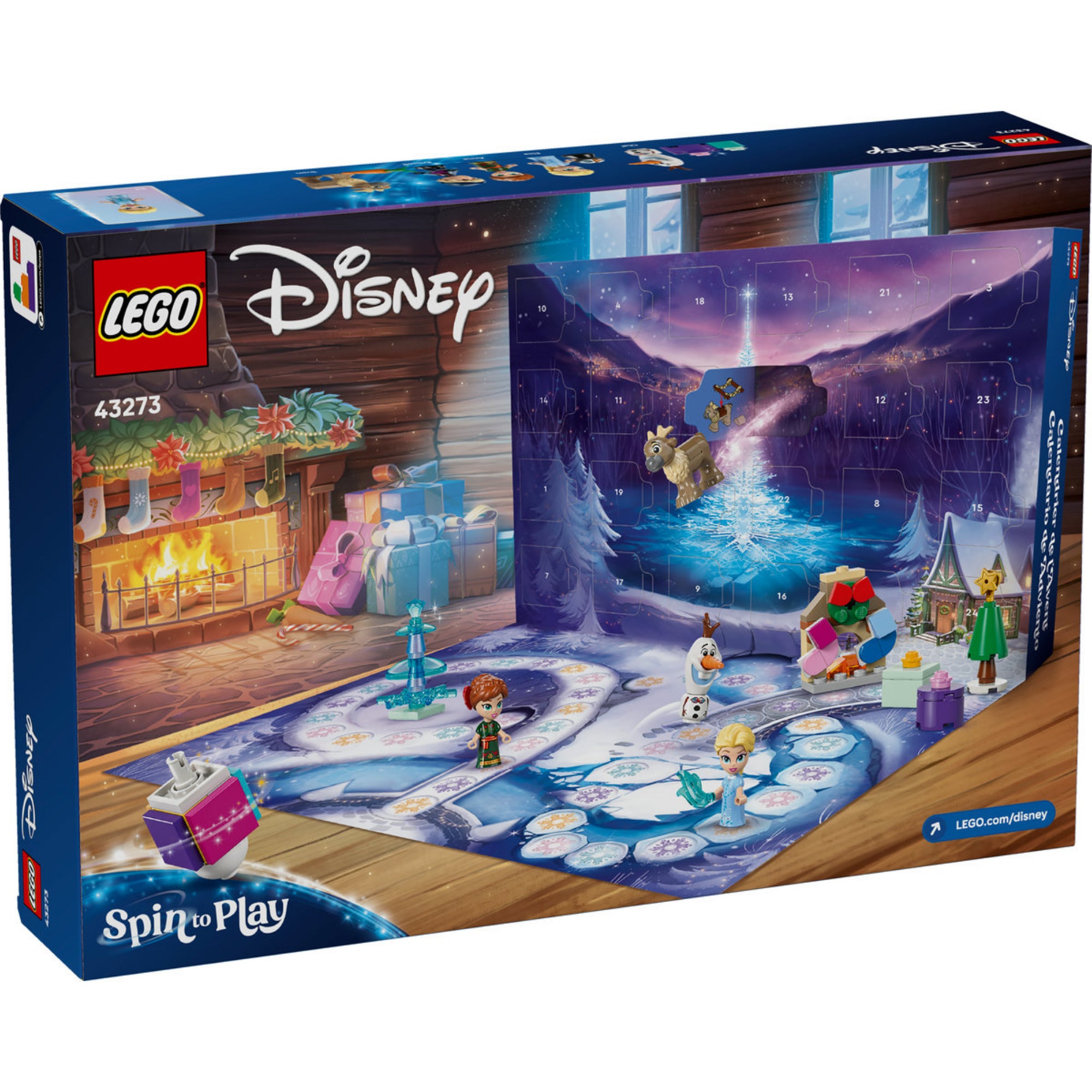 LEGO Disney Frozen adventi naptár hátlap, játéktáblával, adventi ablakokkal és minifigurákkal kandallós háttér előtt.