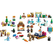 LEGO Disney Frozen adventi naptár részletes tartalom: Elsa, Anna, Olaf, Sven és ünnepi kiegészítők kirakva.