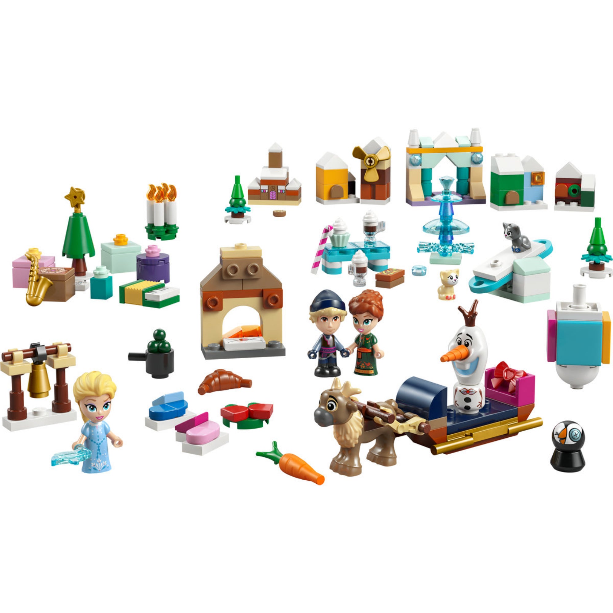 LEGO Disney Frozen adventi naptár részletes tartalom: Elsa, Anna, Olaf, Sven és ünnepi kiegészítők kirakva.
