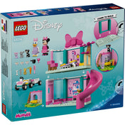A LEGO Disney 43274 Minnie kisállat szállója doboz hátoldala, részletes építési utasításokkal, Minnie és Daisy figuráival, valamint a szálló belső tereivel és kiegészítőkkel.