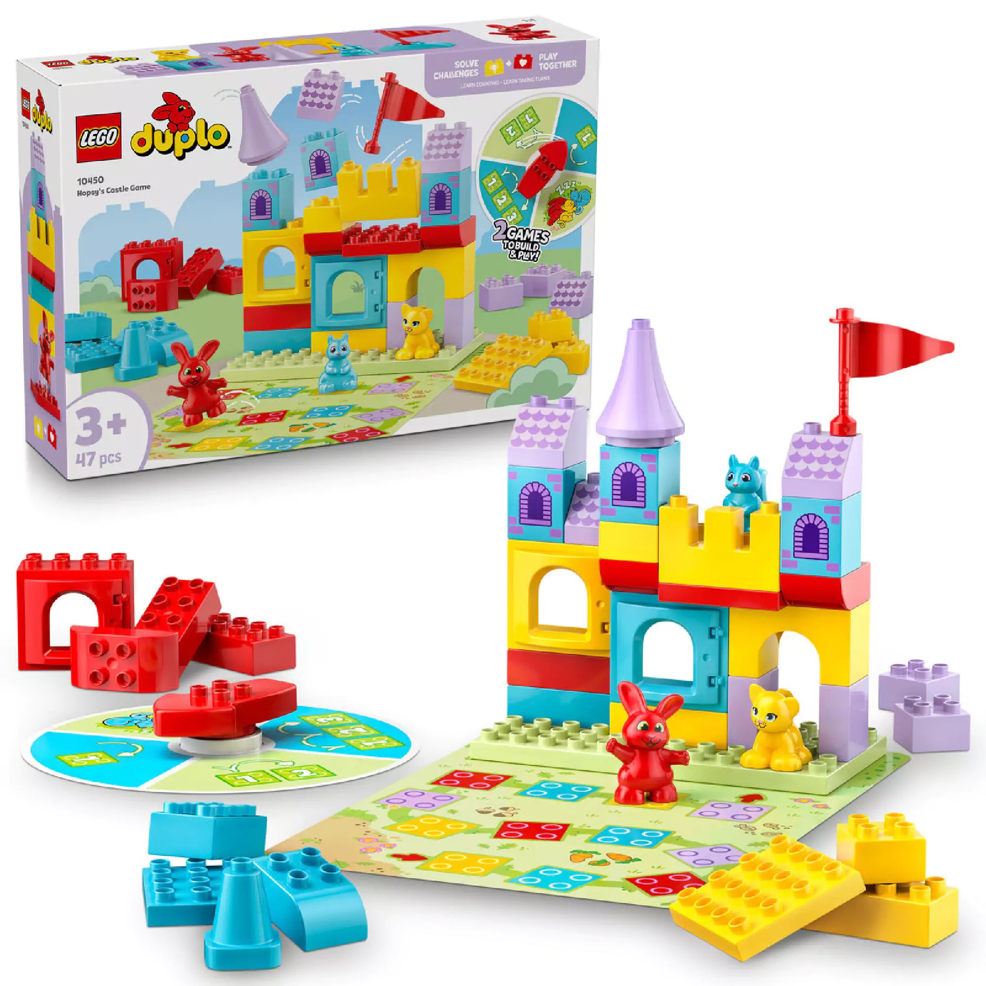 LEGO DUPLO Hopsy’s Castle Game (10450) doboz és megépített szett, színes várépülettel, játékfigurákkal, forgótárcsával és játéktáblával 3 éves kortól.