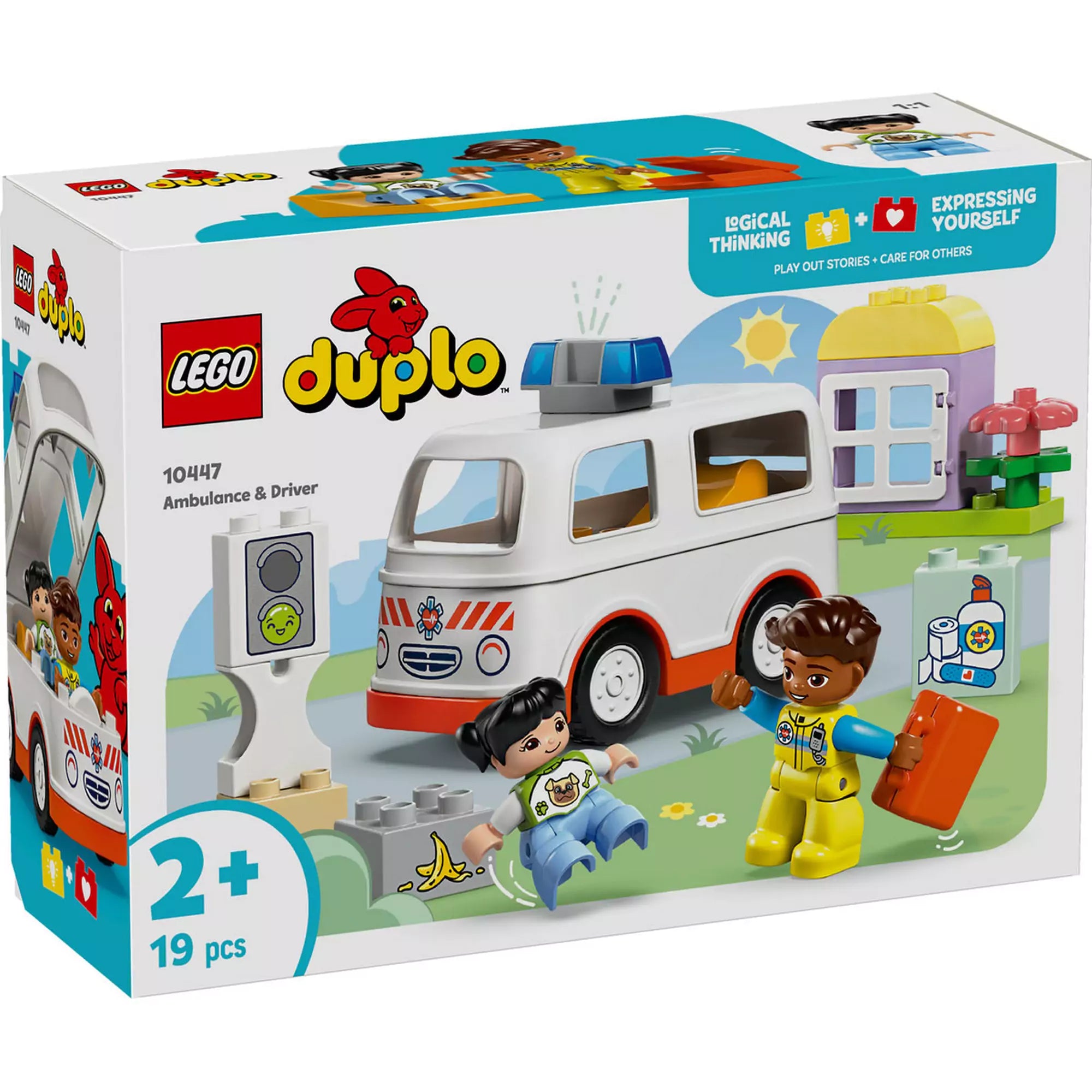 A LEGO Duplo Mentőautó és mentősofőr (10447) doboza, amely bemutatja a készlet színes elemeit és szereplőit.