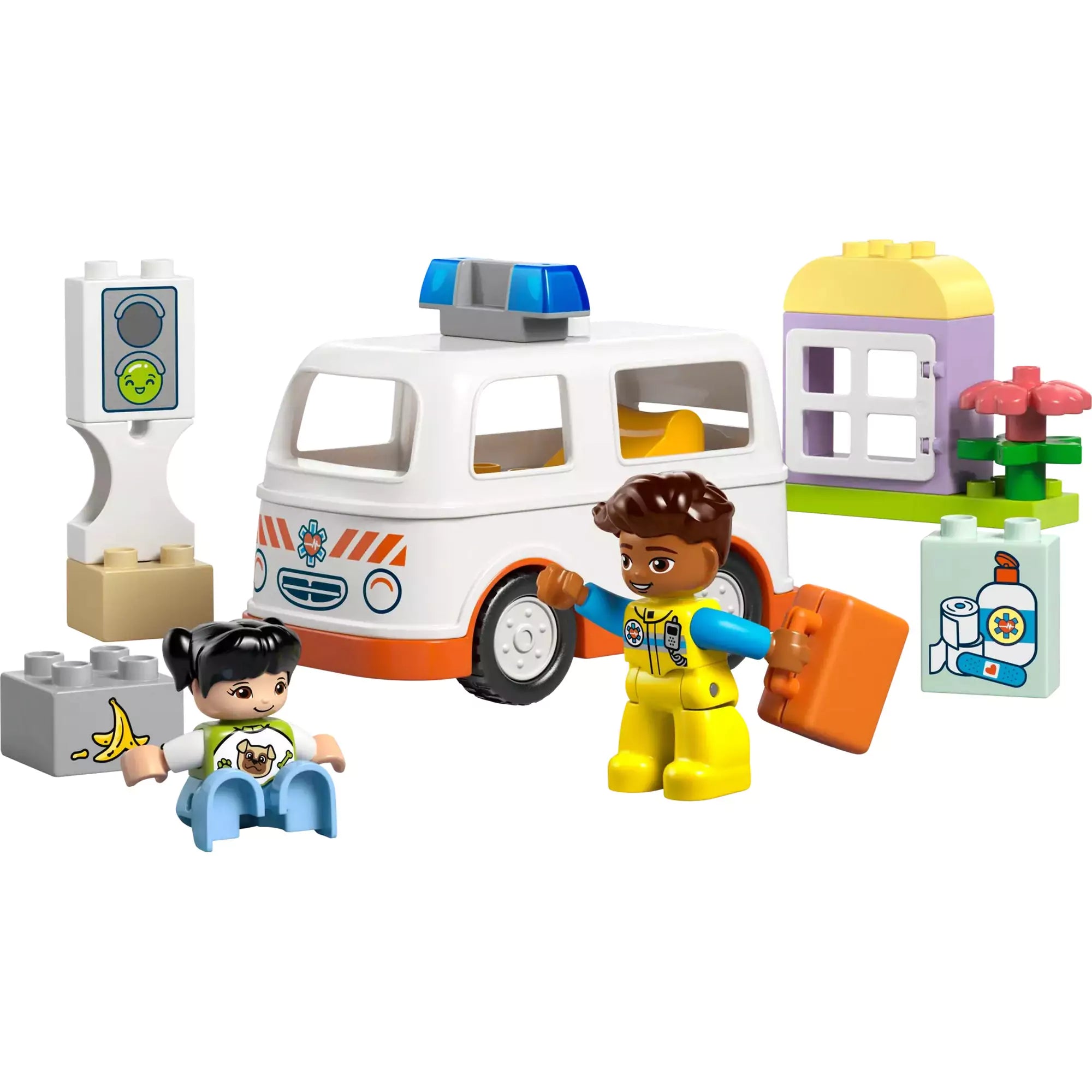 A LEGO Duplo Mentőautó és mentősofőr (10447) készlet teljes tartalma, kiemelve a mentőautót, figurákat és építőkockákat.