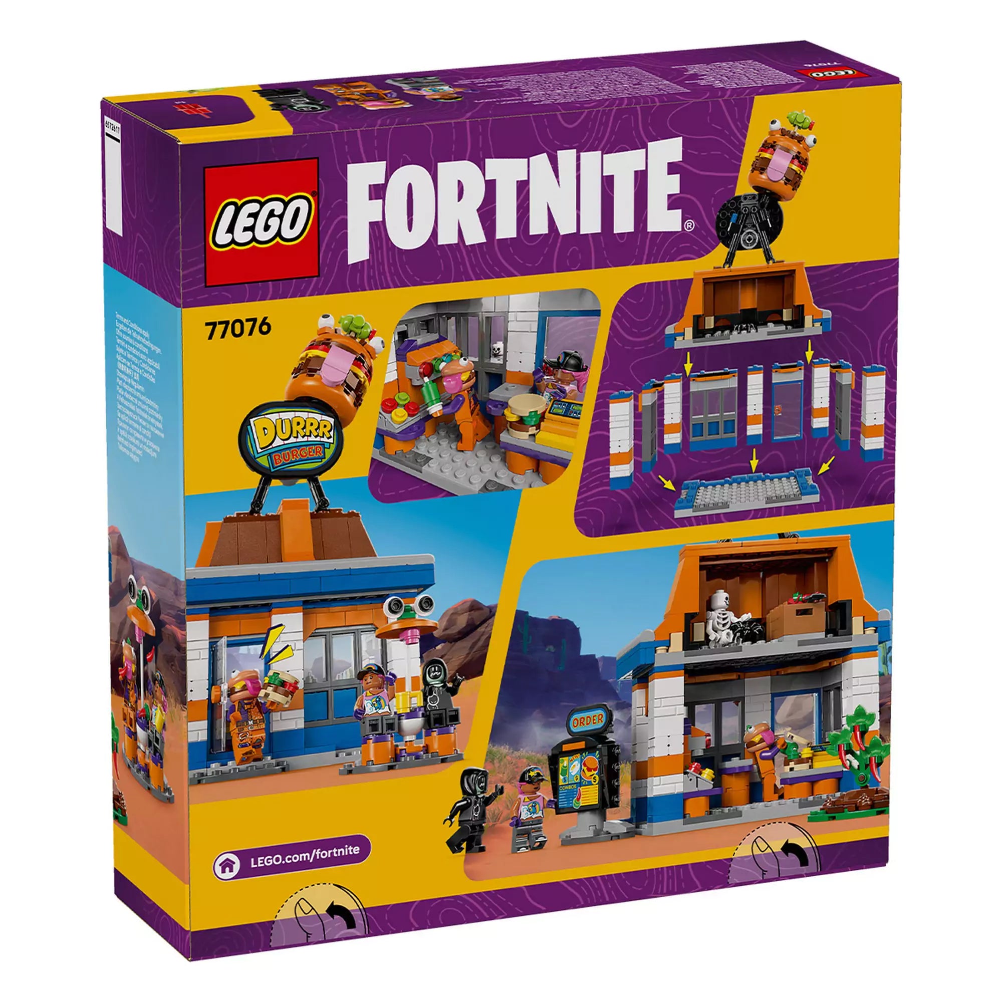 LEGO Fortnite: Durrr Burger étterem (77076) – a doboz hátoldala, több jelenettel és részletfotóval a készlet funkcióiról.