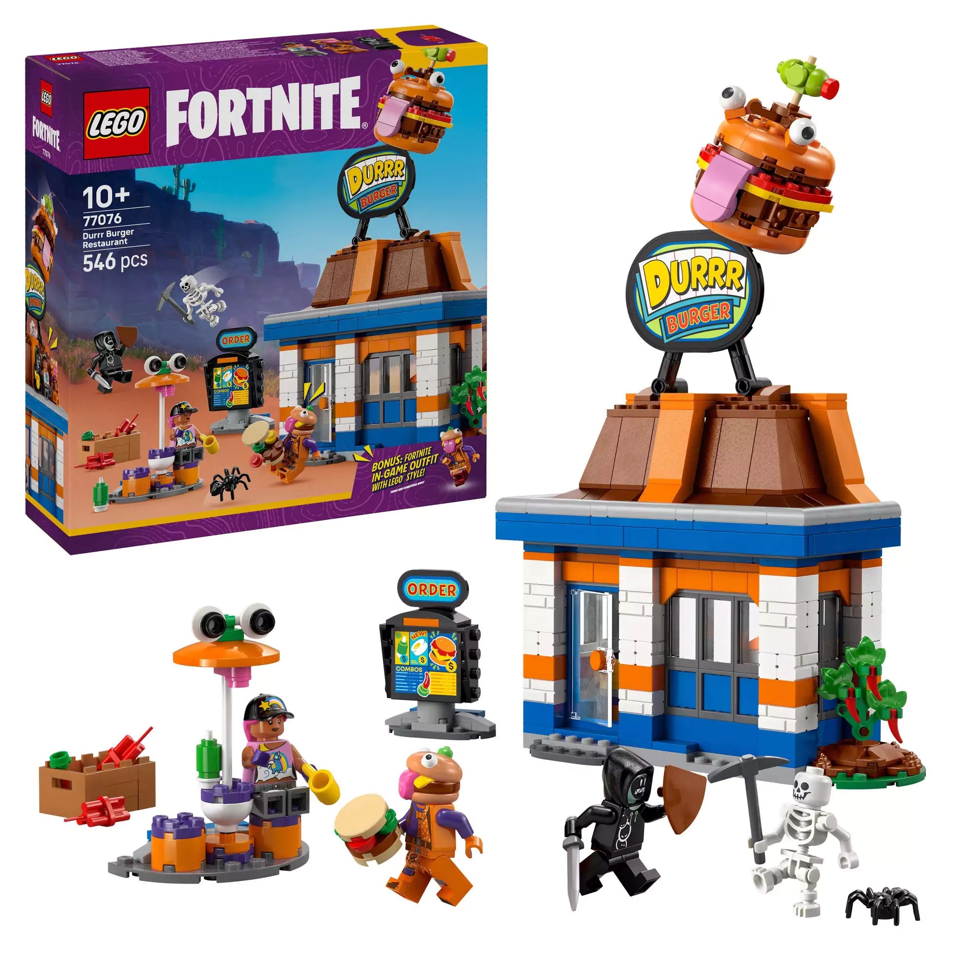 LEGO Fortnite Durrr Burger étterem (77076) doboz és a megépített készlet, figurákkal, rendelőautomatával és a híres hamburger logóval.