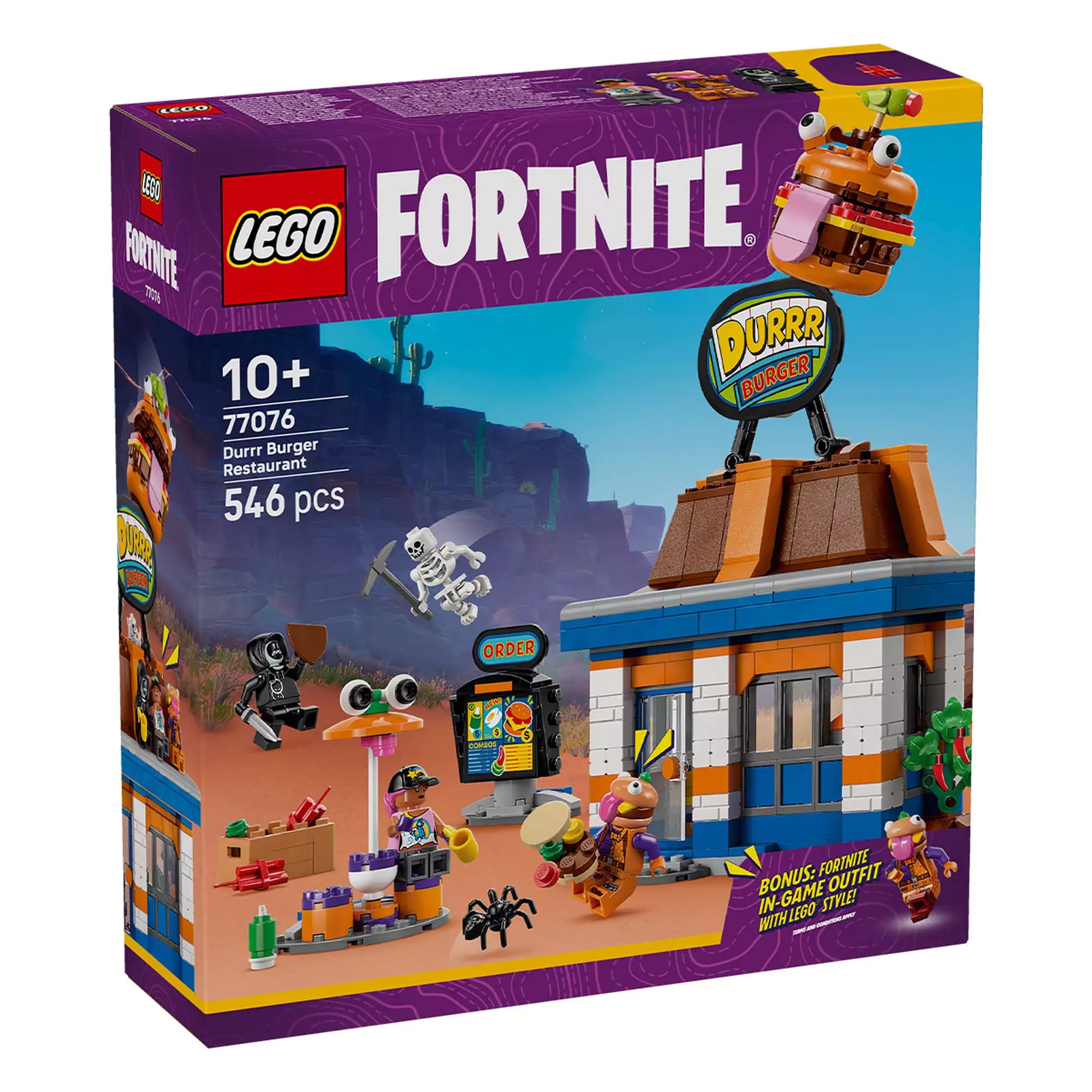 LEGO Fortnite Durrr Burger étterem (77076) doboza, a készlet látványos illusztrációjával, 546 darabbal és a Fortnite stílusú LEGO kalandokhoz.