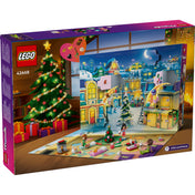 LEGO Friends 42668 Adventi naptár hátlapja, amely a nyitható ablakokat, a téli jelenetet és a kibontott mini építményeket mutatja.