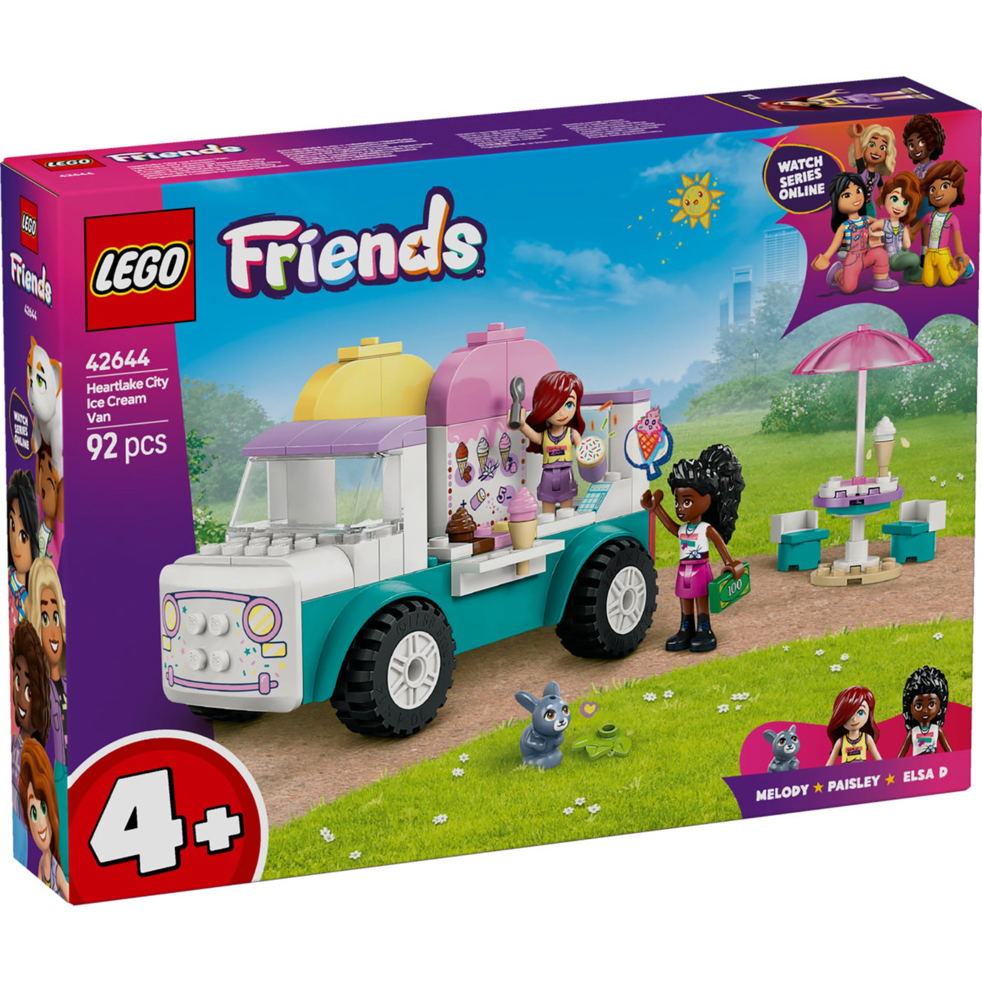 A LEGO Friends Fagyis furgon Heartlake Cityben 42644 doboz, benne a furgonnal, Paisley és Elsa D. mini figuráival, nyuszi figurával és fagylaltos kiegészítőkkel.