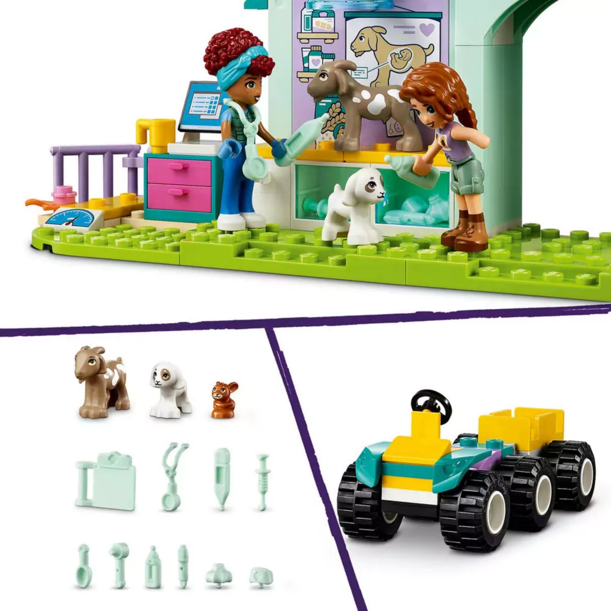 Kreatív jelenetek a LEGO Friends 42617 menedékhelyről: állatetetés, traktorozás, szélmalom működtetése, valamint a farm épületrészeinek belső terei. A kép alján közelről is láthatók a minifigurák és állatfigurák, például kecske, csirke, kutya és macska – a részletes kidolgozás hangsúlyozásával.