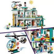 LEGO Friends Heartlake City Kórház (42621) színes épülete mentőhelikopterrel, különféle orvosi jelenetekkel, karakterekkel és kórházi eszközökkel.