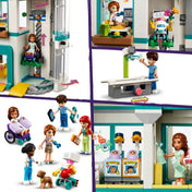 Interaktív jelenetek a LEGO Friends Heartlake City Kórház (42621) készletből: lift, vizsgálóágy, újszülött osztály és orvosi eszközök.