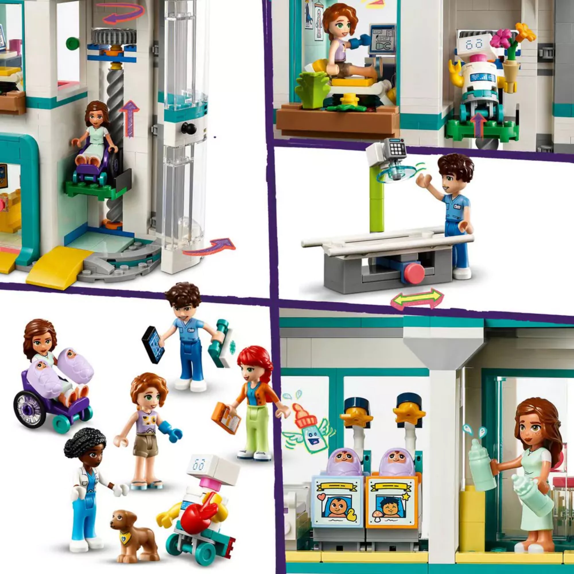 Interaktív jelenetek a LEGO Friends Heartlake City Kórház (42621) készletből: lift, vizsgálóágy, újszülött osztály és orvosi eszközök.