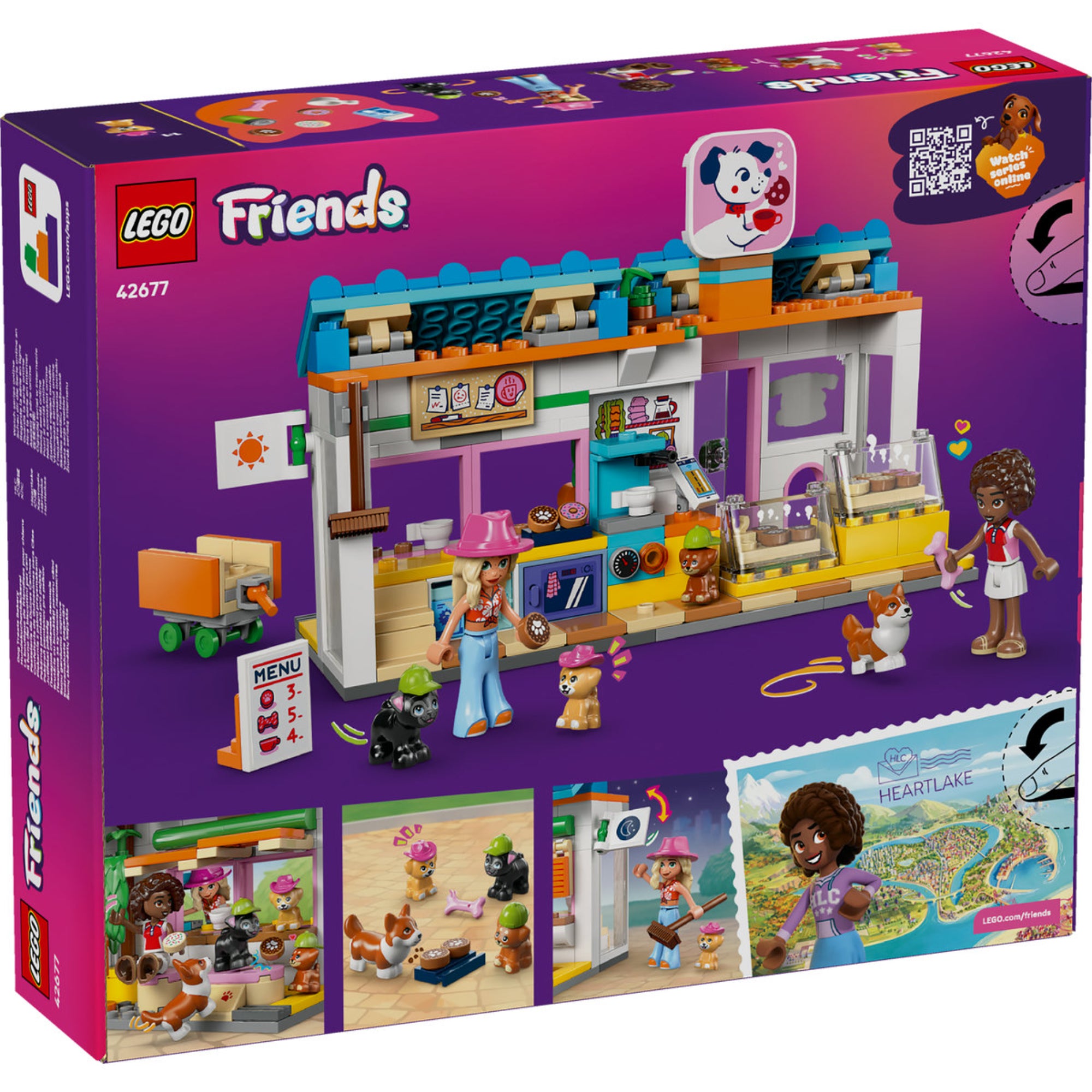 LEGO Friends Dog Treats Bakery (42677) hátoldali dobozkép, belső pékségrész és játékfunkciók bemutatásával.