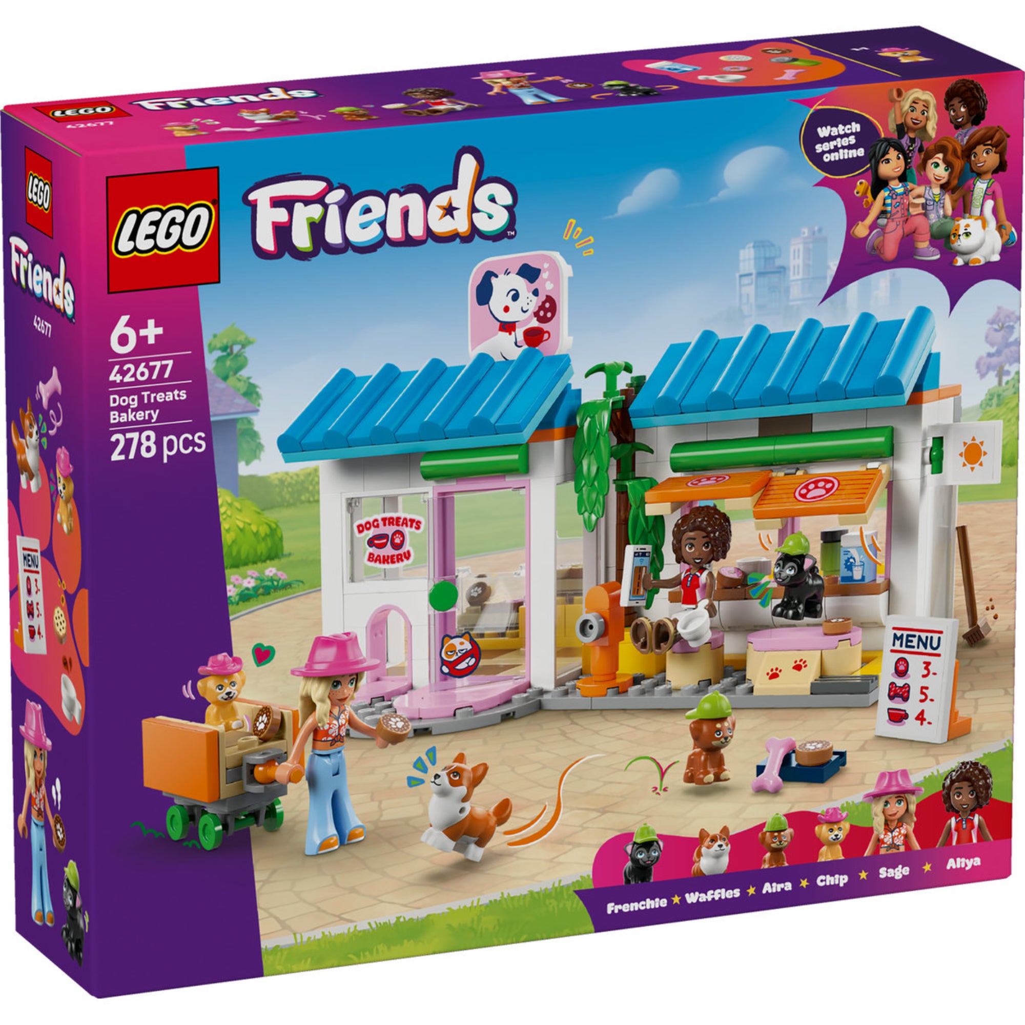 LEGO Friends Dog Treats Bakery (42677) elölnézeti dobozkép, 6+ korosztály, 278 darabos készlet.
