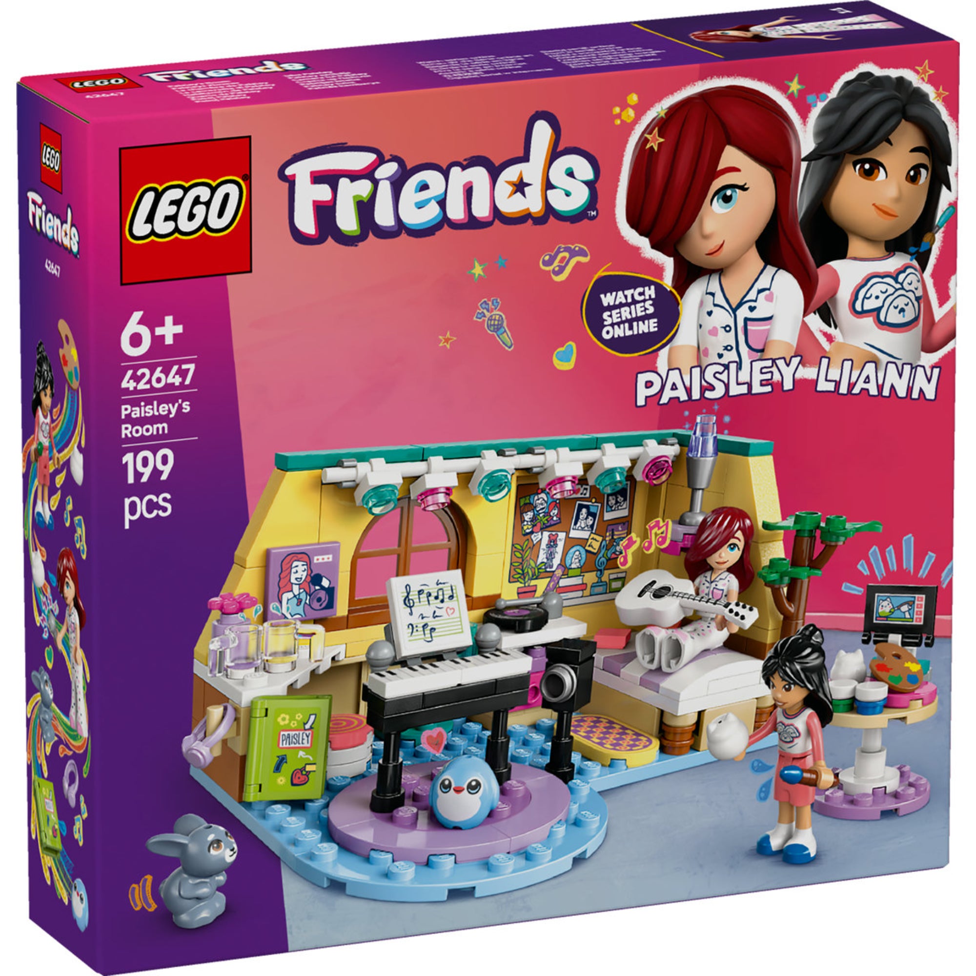 LEGO Friends Paisley szobája 42647 készlet doboza. A képen Paisley és Liann LEGO minifigurák, zenei és művészeti kiegészítők, valamint egy cuki nyuszi látható.