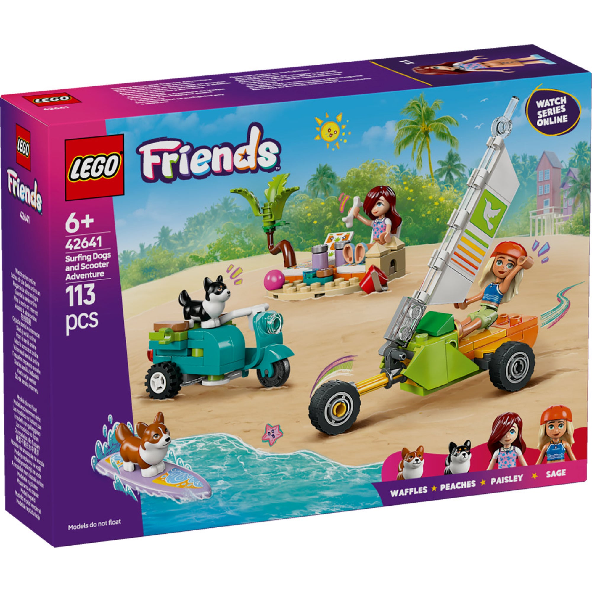 LEGO Friends Szörfös kutyák és robogós kalandok 42641 szett, mely két mini-babát, két corgit, robogót, szörfdeszkát és strandkiegészítőket tartalmaz a kreatív játékhoz.