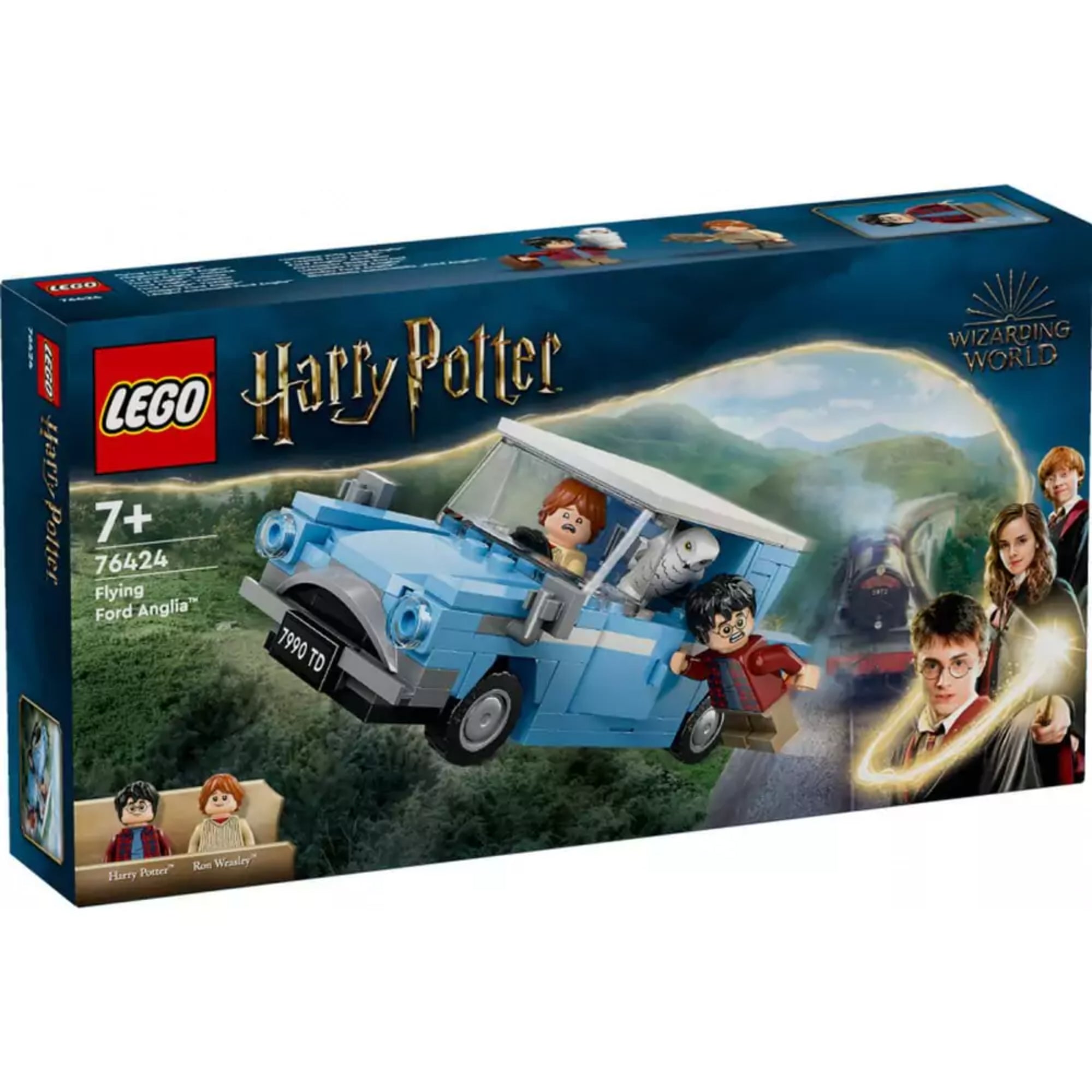 A képen a LEGO Harry Potter "Repülő Ford Anglia" (76424) szett látható, amely a varázslatos autót ábrázolja, amelyet Harry Potter és Ron Weasley használnak, hogy megszökjenek a Roxfort Expresszről. Az építmény részletesen megformázott, és tartalmazza a két főszereplő minifiguráját, Harryt és Ront, valamint Hagrid macskáját, Hedviget.