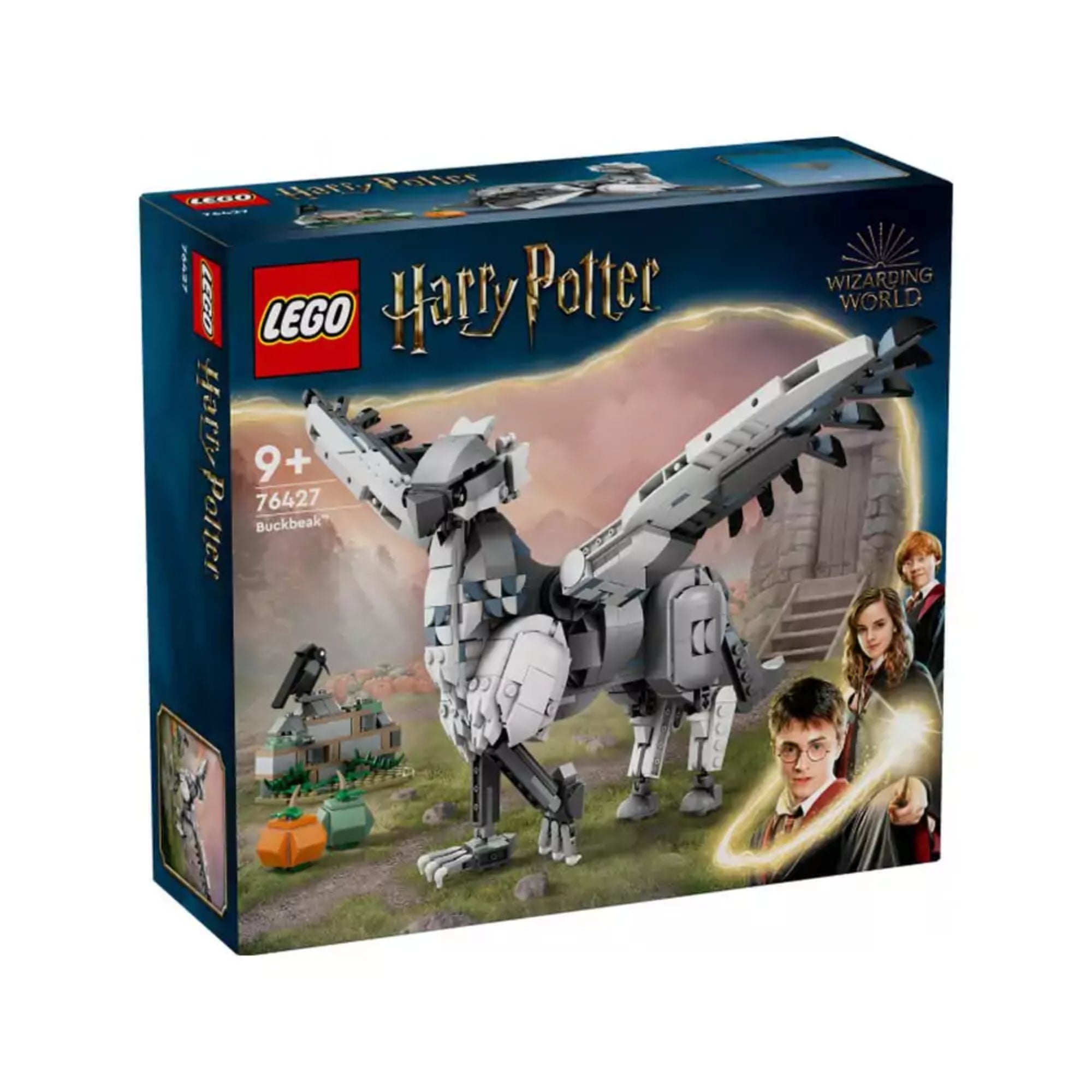 A képen a LEGO Harry Potter "Buckbeak" szett látható, amely a híres hippogriffet ábrázolja a varázslatos világban. A részletesen megépíthető Buckbeak szobor, amely szárnyait kinyújtva és lábait mozgathatóan is megépíthető, a varázslatot és a filmes jeleneteket idézi. A szett a történet fontos karaktereit is tartalmazza, mint Harry Potter, Hermione Granger és Ron Weasley, akik a hippogriff mellett jelennek meg a háttérben.