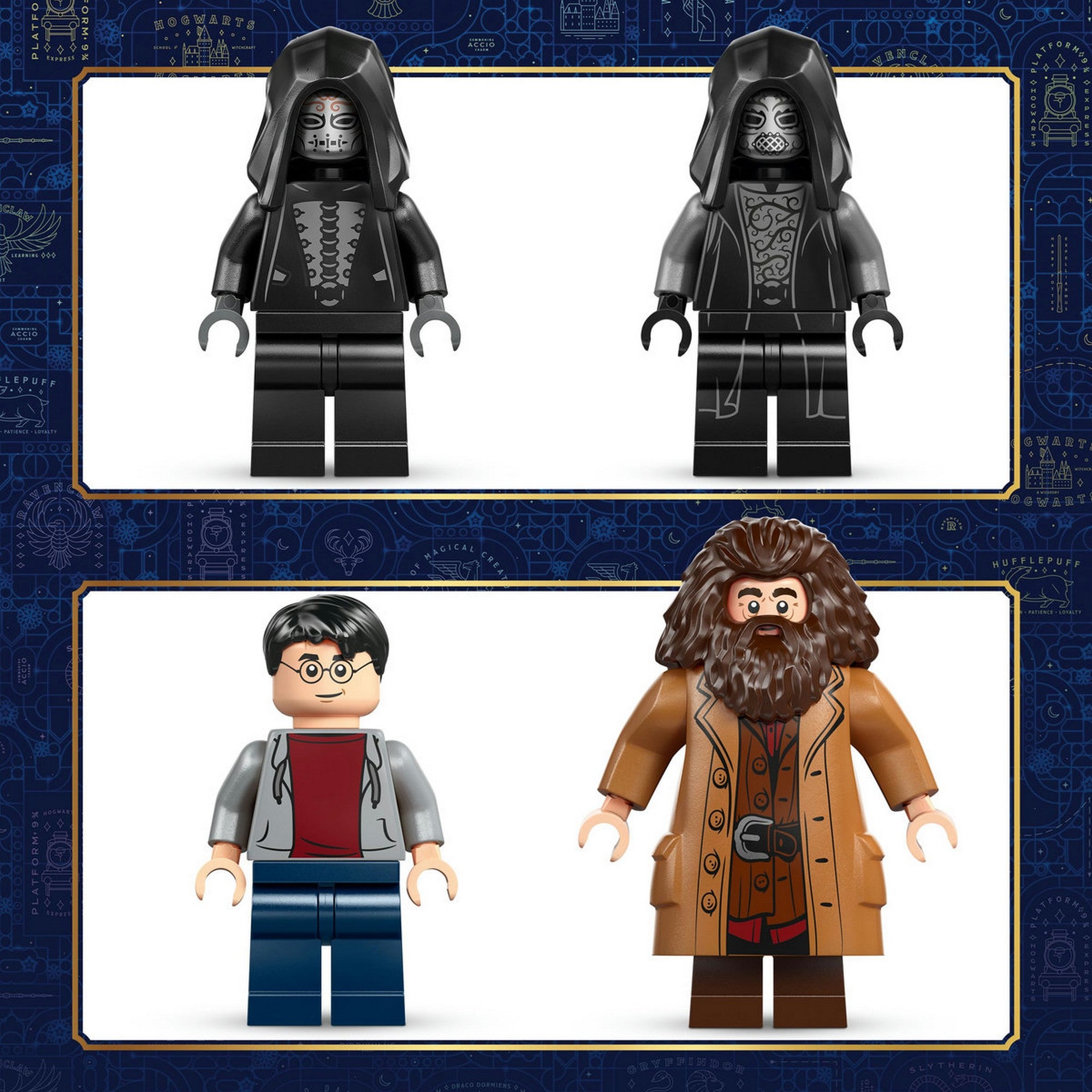 LEGO Harry Potter: Hagrid és Harry menekülése oldalkocsival 76459 – minifigurák közelről, Harry Potter, Rubeus Hagrid és halálfalók.