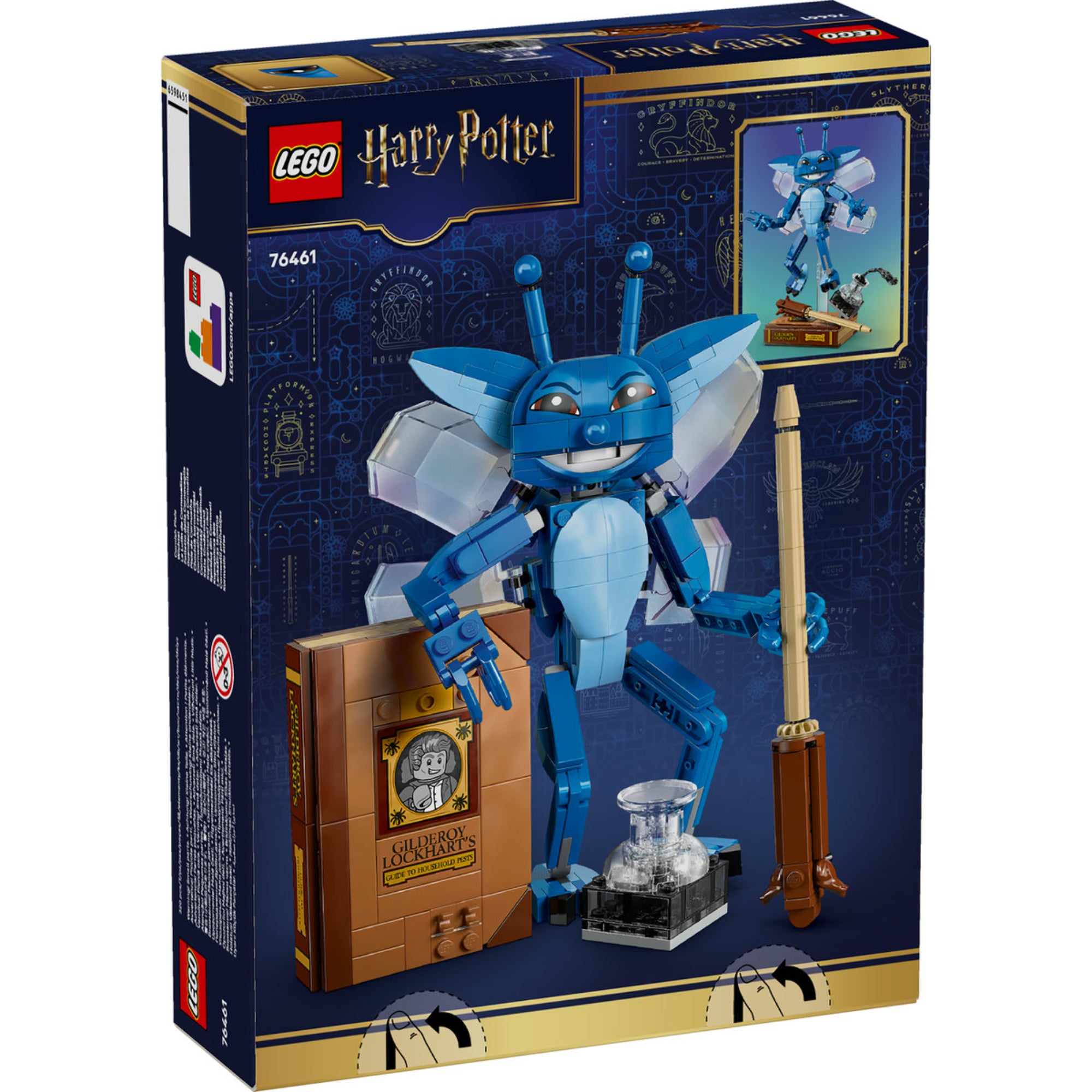 LEGO Harry Potter: Cornish Pixie 76461 – a doboz hátoldala, a figura részletei és a mozgatható elemek bemutatása.