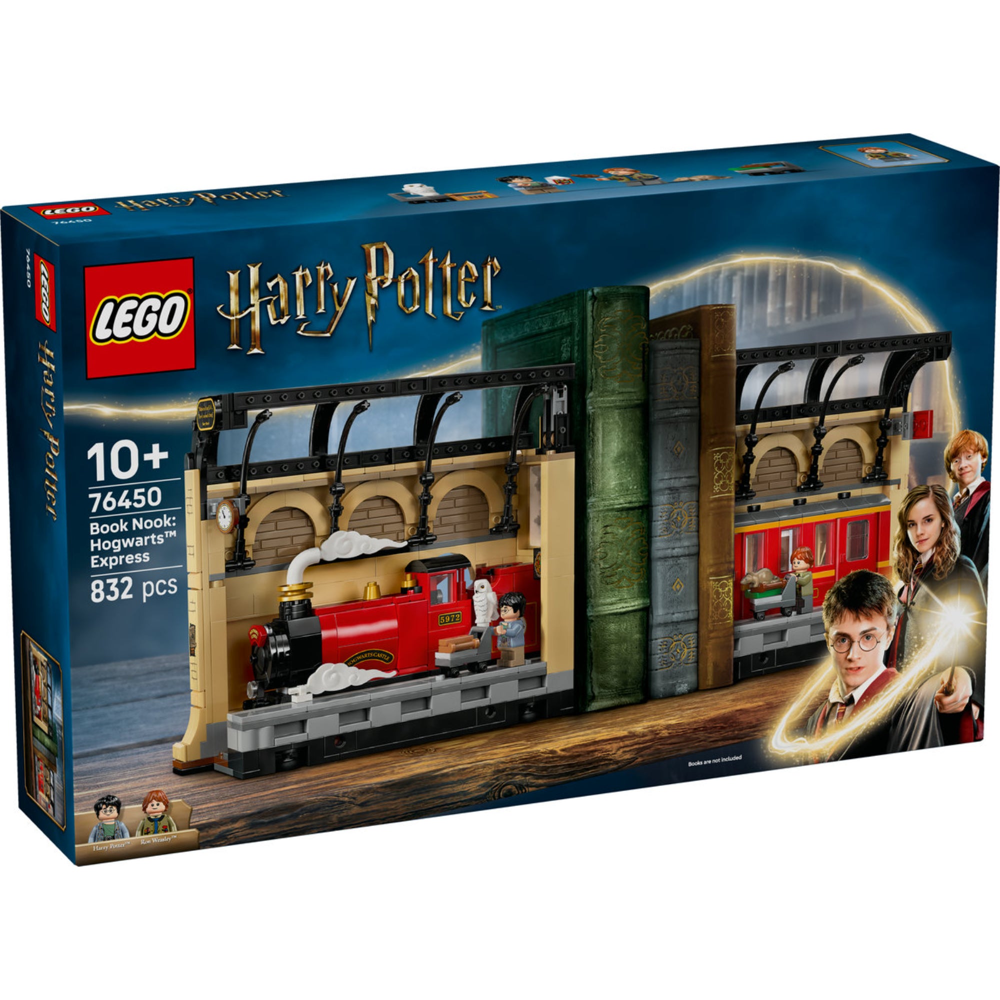 A LEGO Harry Potter készlet dobozának előlapja, mágikus hangulatú háttérrel, a Roxfort Expressz modelljével, 832 darabos jelöléssel, valamint Harry, Hermione és Ron karakterképeivel.