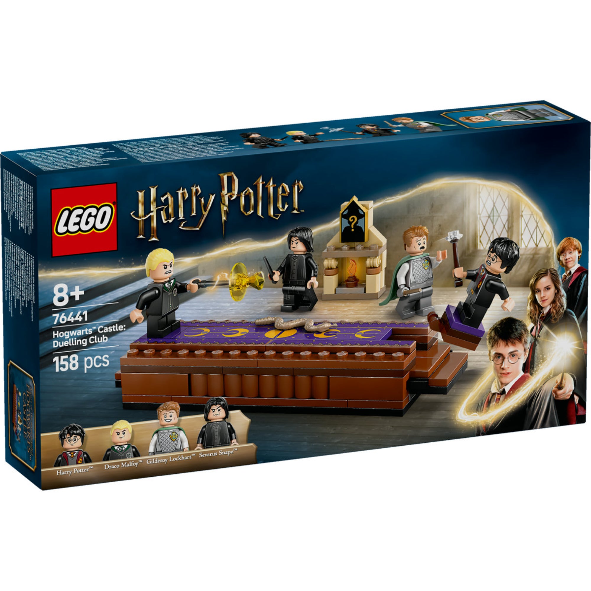LEGO Harry Potter doboz, a Roxfort Kastély: Párbajszakkör készlettel, Harry Potter, Draco Malfoy, Gilderoy Lockhart és Perselus Piton minifigurákkal párbajozó jelenettel.