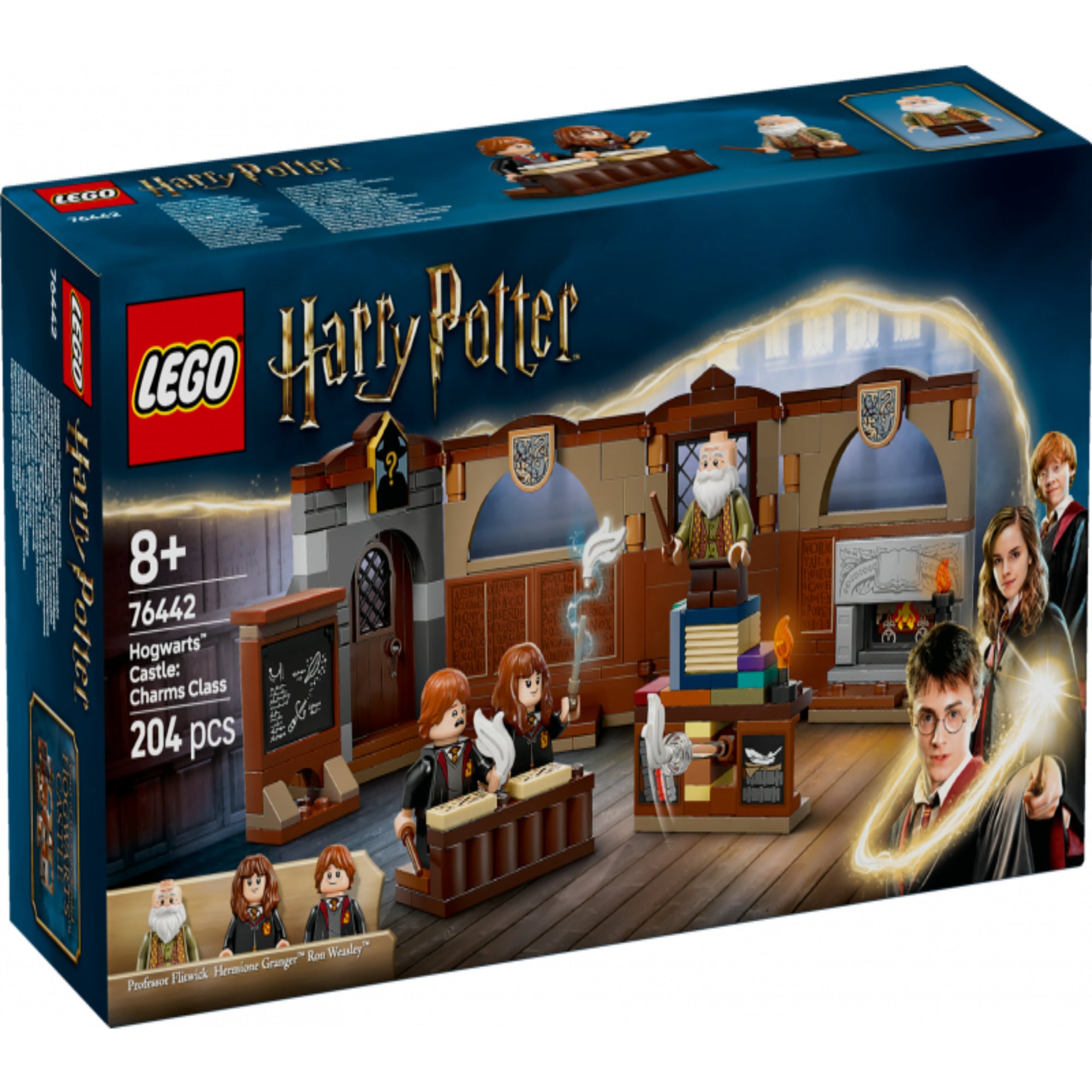 A LEGO Harry Potter Roxfort kastély Bűbájtanora 76442 doboza, bemutatva a kibontható osztálytermet és a szereplőket, mint Ron Weasley, Hermione Granger és Flitwick professzor.