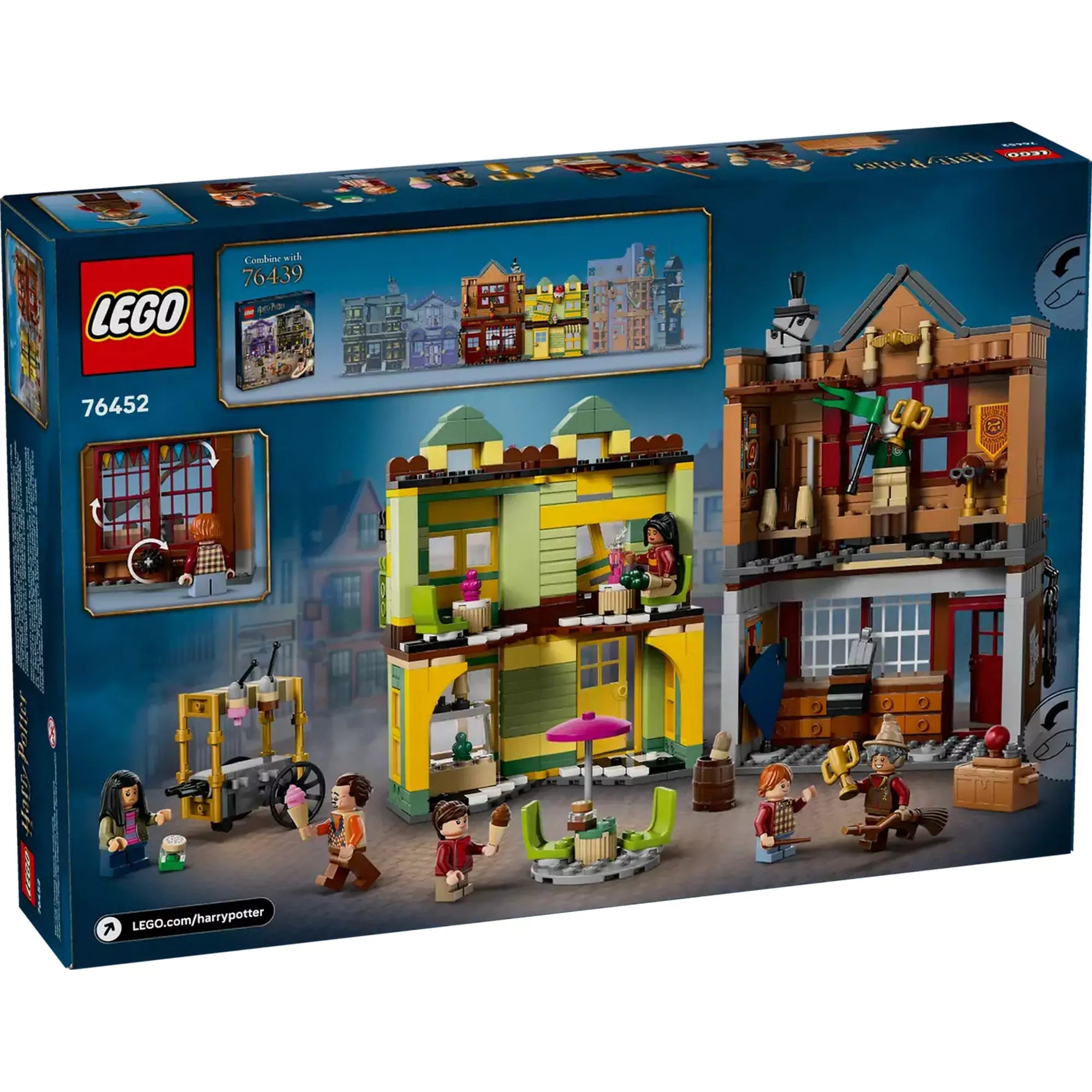 A LEGO Harry Potter 76452 doboz hátoldala, bemutatva a jégkrémüzlet és a Quidditch bolt belső tereit, minifigurákkal és interaktív játéklehetőségekkel.