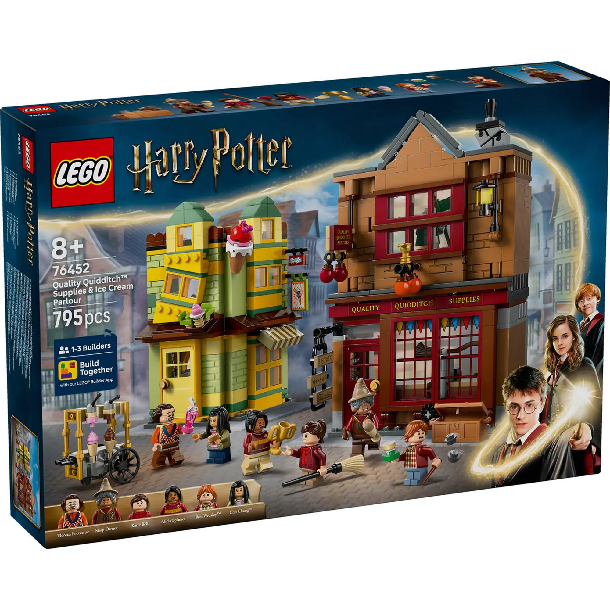 A LEGO Harry Potter 76452 doboza, amely a Quality Quidditch Supplies és jégkrémüzlet részletes épületeit, valamint 6 minifigurát tartalmaz a Roxmorts-beli jelenethez.