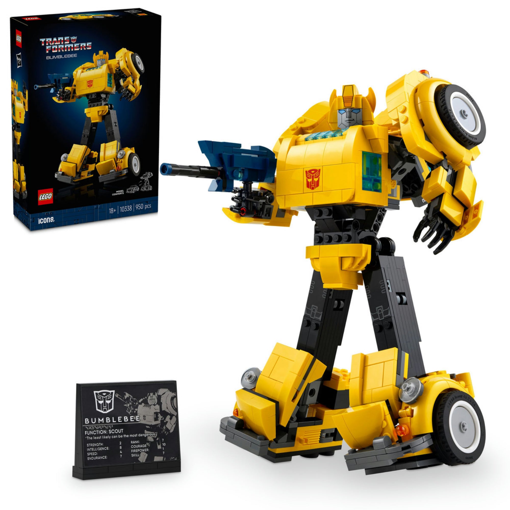 A LEGO Icons Bumblebee robotmodell a doboz mellett látható, fegyverrel és az információs táblával kiegészítve, modern megjelenésben.