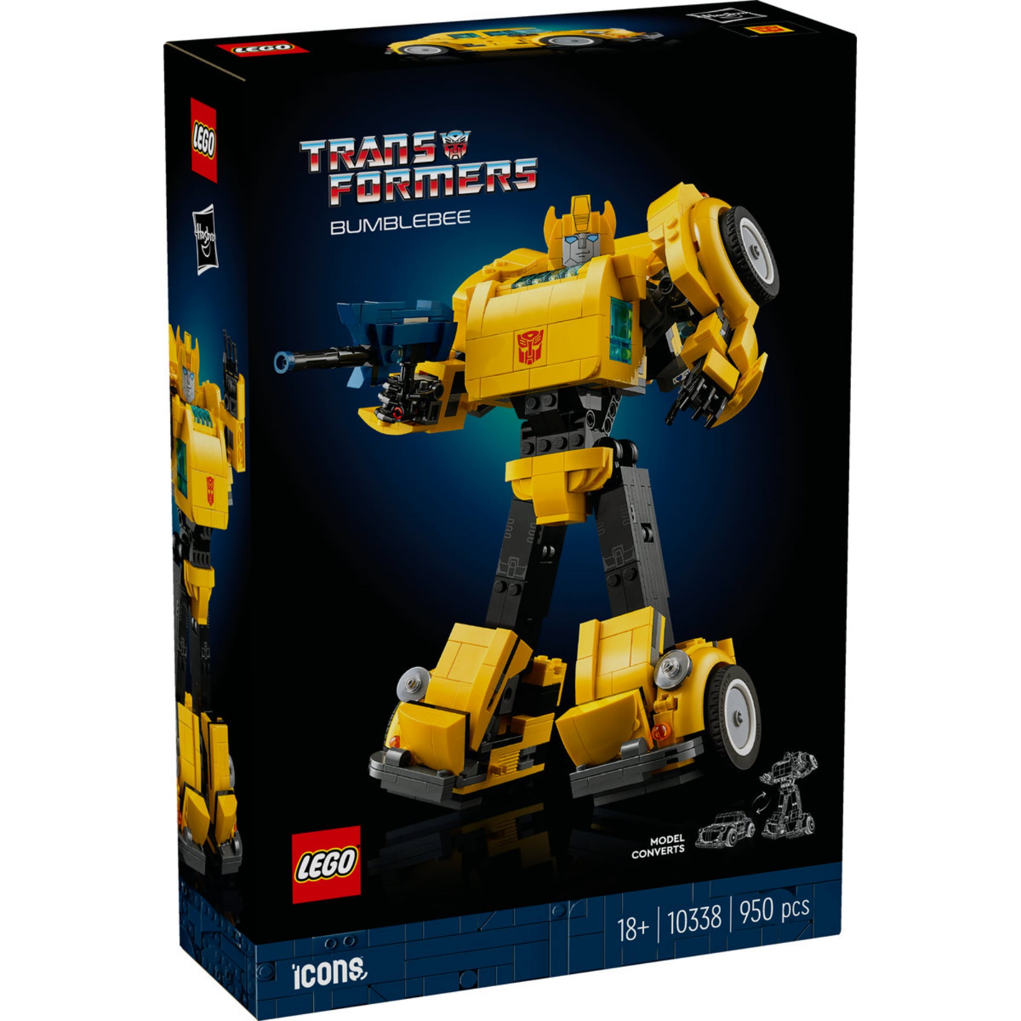 A LEGO Icons Bumblebee (10338) készlet doboza, rajta a robot formájú Bumblebee ábrázolása fekete háttéren, 18+ korosztályi ajánlással.