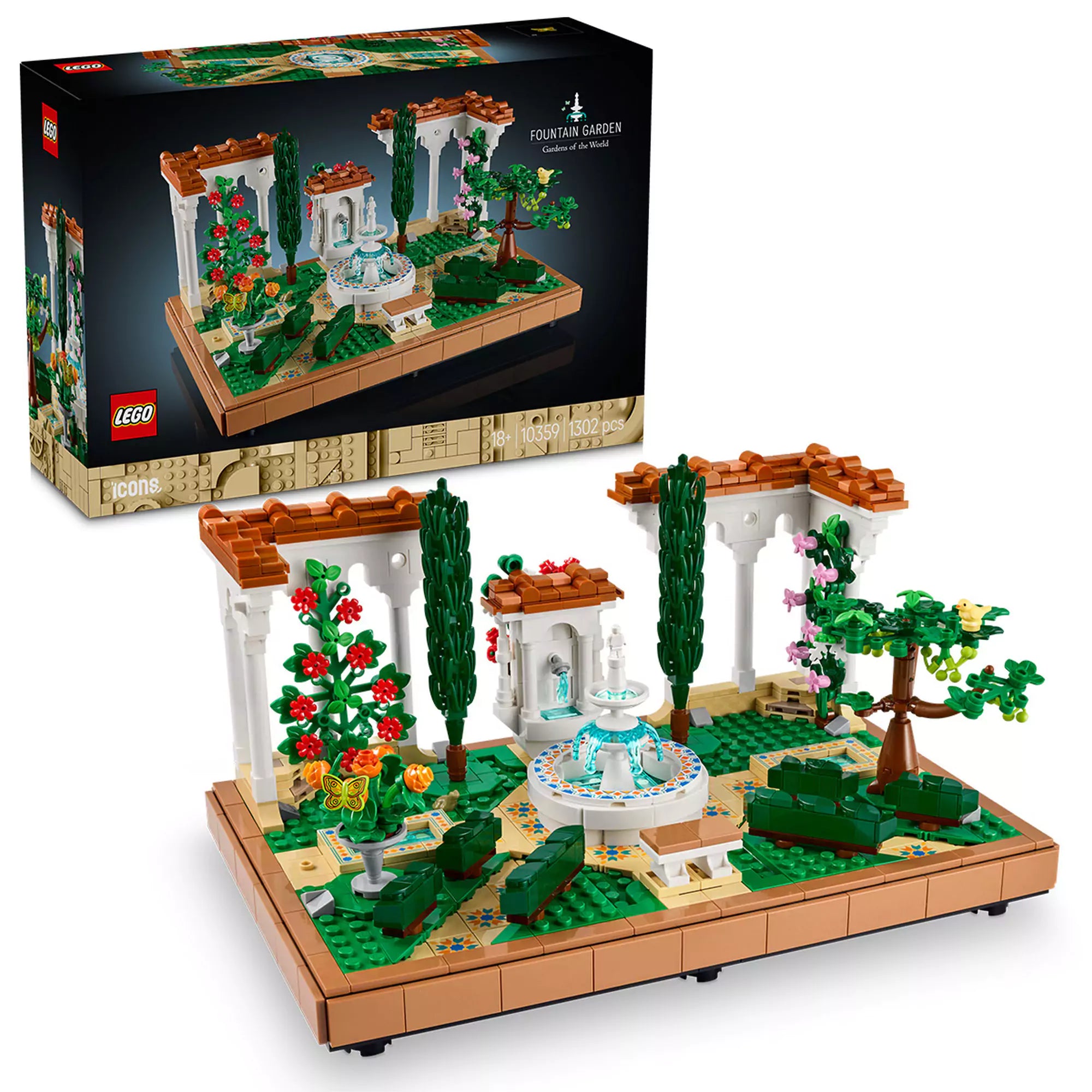 LEGO Icons (Creator Expert) Szökőkutas kert (10359) építőkészlet bemutatása, amely tartalmaz egy részletesen kidolgozott szökőkutat, fehér oszlopos pergolákat, élénk színű virágokat, fákat és dekoratív csempéket, tökéletes dekorációként otthonra vagy irodába.
