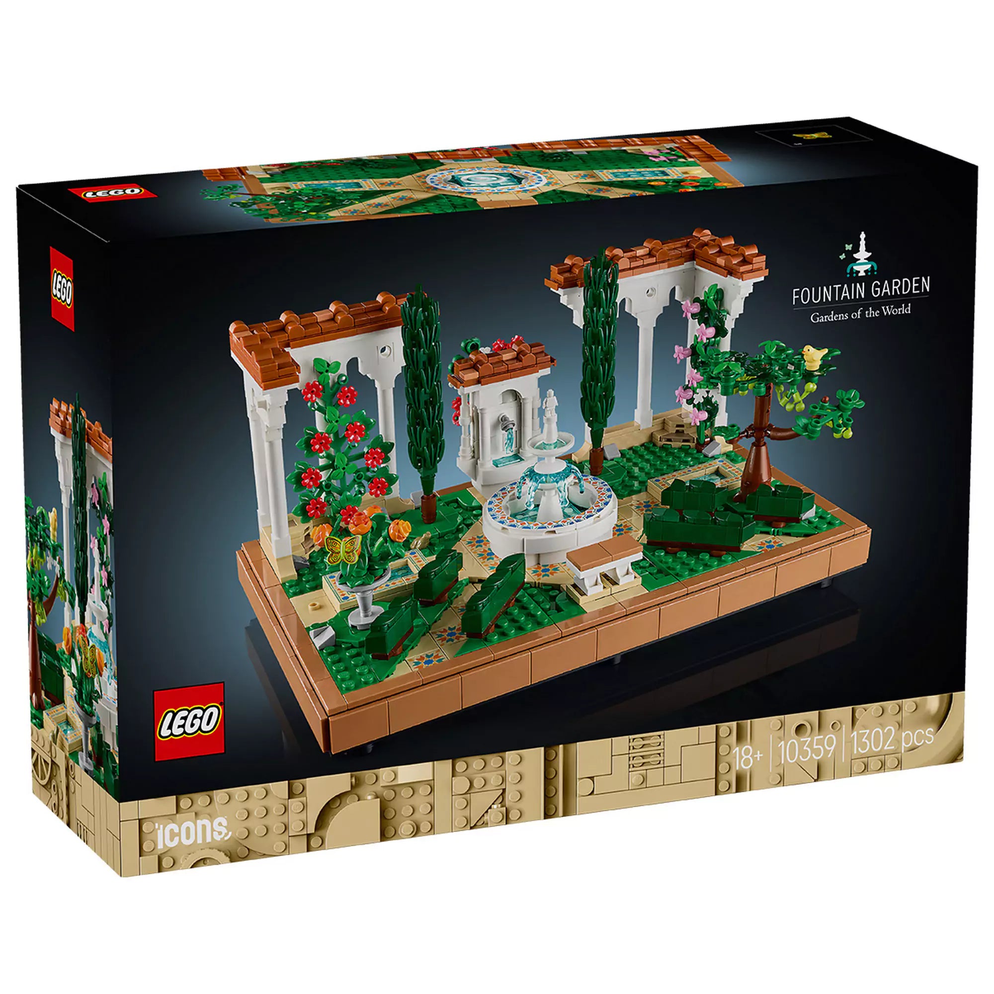 LEGO Icons (Creator Expert) Szökőkutas kert (10359) dobozkép, amely egy gyönyörű, elegáns kertet mutat be többszintes szökőkúttal, virágokkal, fákkal és dekoratív elemekkel.