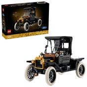 LEGO Icons Ford Model T 11376 doboz és a megépített veterán autó modell együtt fehér háttéren.