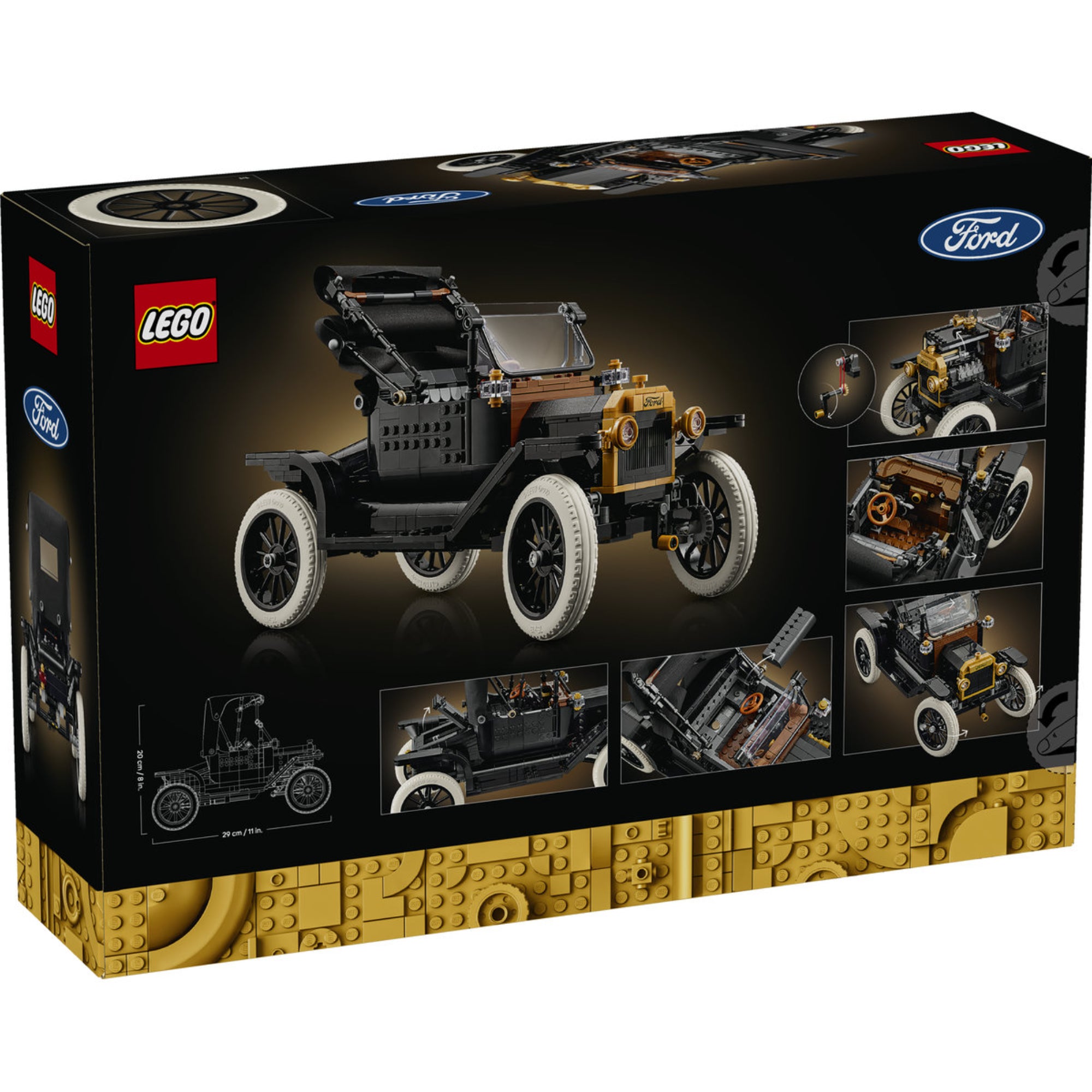 LEGO Icons Ford Model T 11376 készlet dobozának hátoldala, amely bemutatja a modell részleteit és funkcióit.