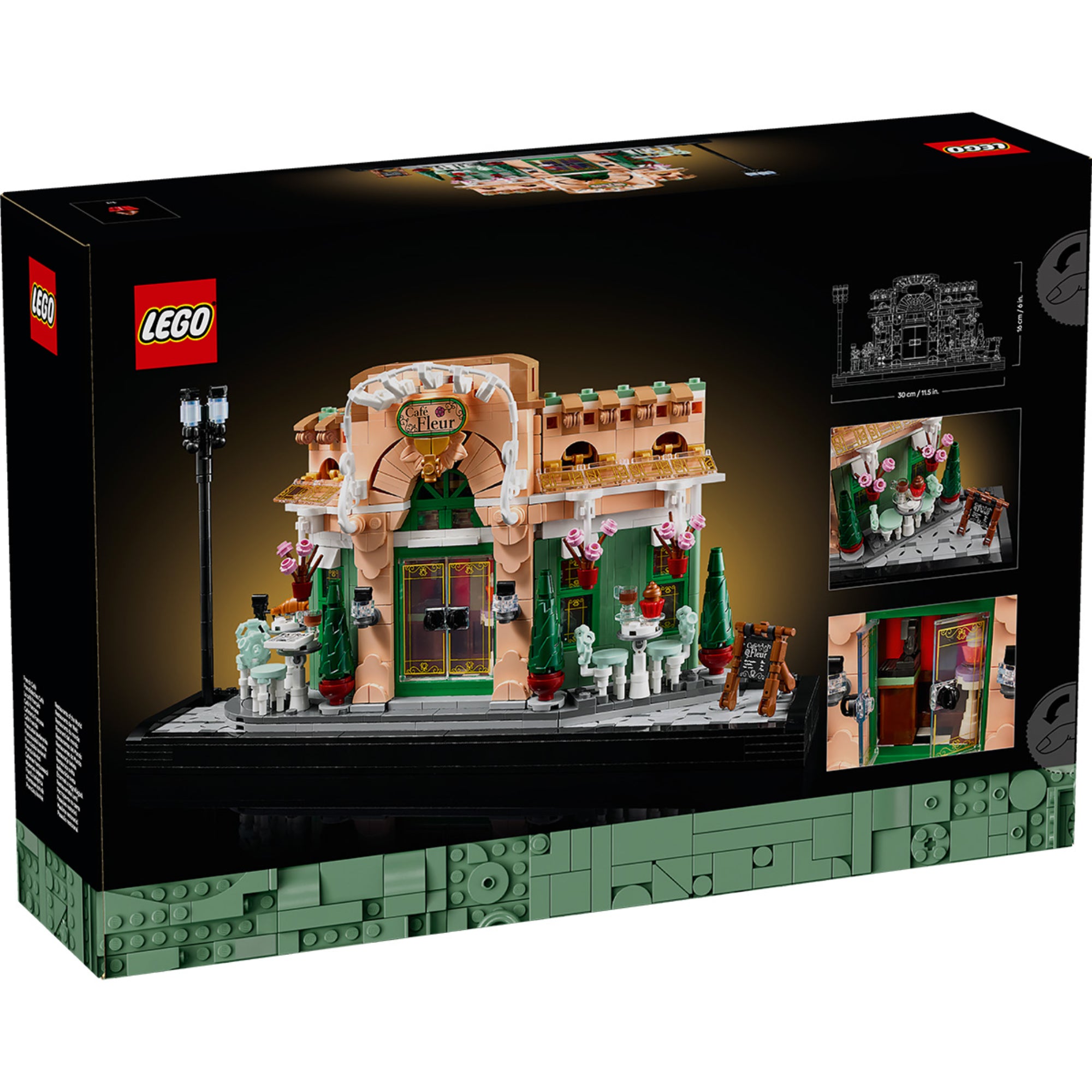 Ez a kép a LEGO Icons Francia Kávézó (10362) építőkészlet hátoldalát mutatja, amely egy elegáns párizsi bisztró részletes LEGO változata. A dobozon láthatók a készlet aprólékosan kidolgozott elemei, például a kültéri asztalok, a virágokkal díszített homlokzat és a hangulatos belső tér. Egy tökéletes építmény a francia kávéházi élet szerelmeseinek!