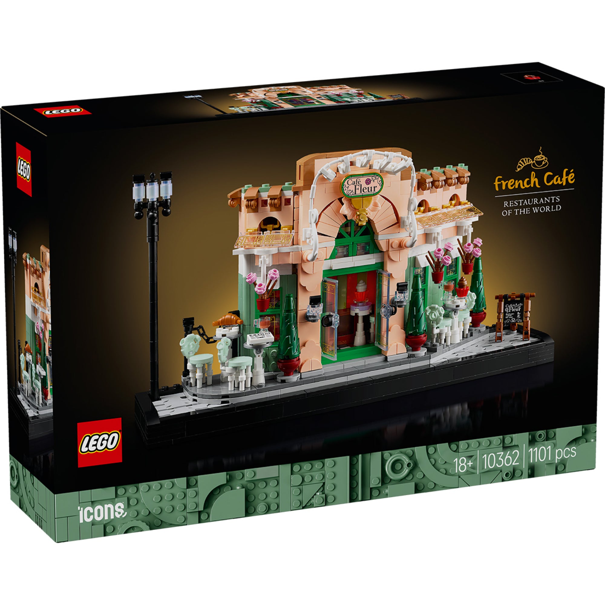 Ez a kép a LEGO Icons Francia Kávézó (10362) építőkészletet ábrázolja, amely egy elegáns párizsi bisztró részletgazdag LEGO változata. A dobozon a Fleur Kávézó klasszikus homlokzata látható díszes ajtóval, csüngő virágokkal és hangulatos kültéri asztalokkal. A készlet a francia kávéházi kultúra varázsát idézi meg, tökéletes dekorációként vagy gyűjtői darabként.