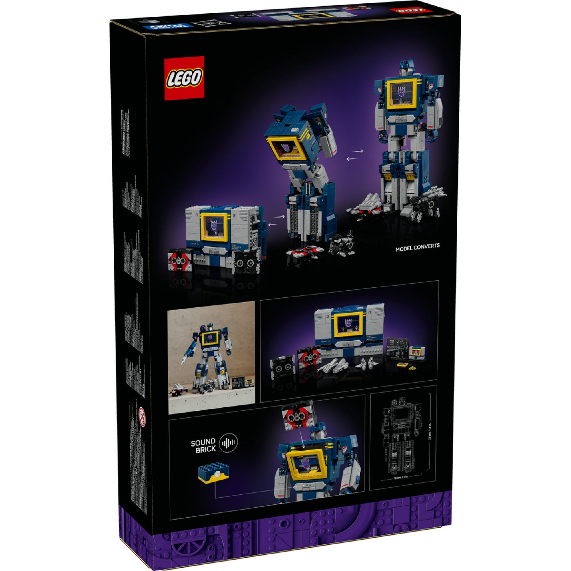 A LEGO Icons Transformers Fülelő (10358) doboz hátoldala, amely a modell átalakíthatóságát, a részletes funkciókat és a beépített hangmodult szemlélteti.